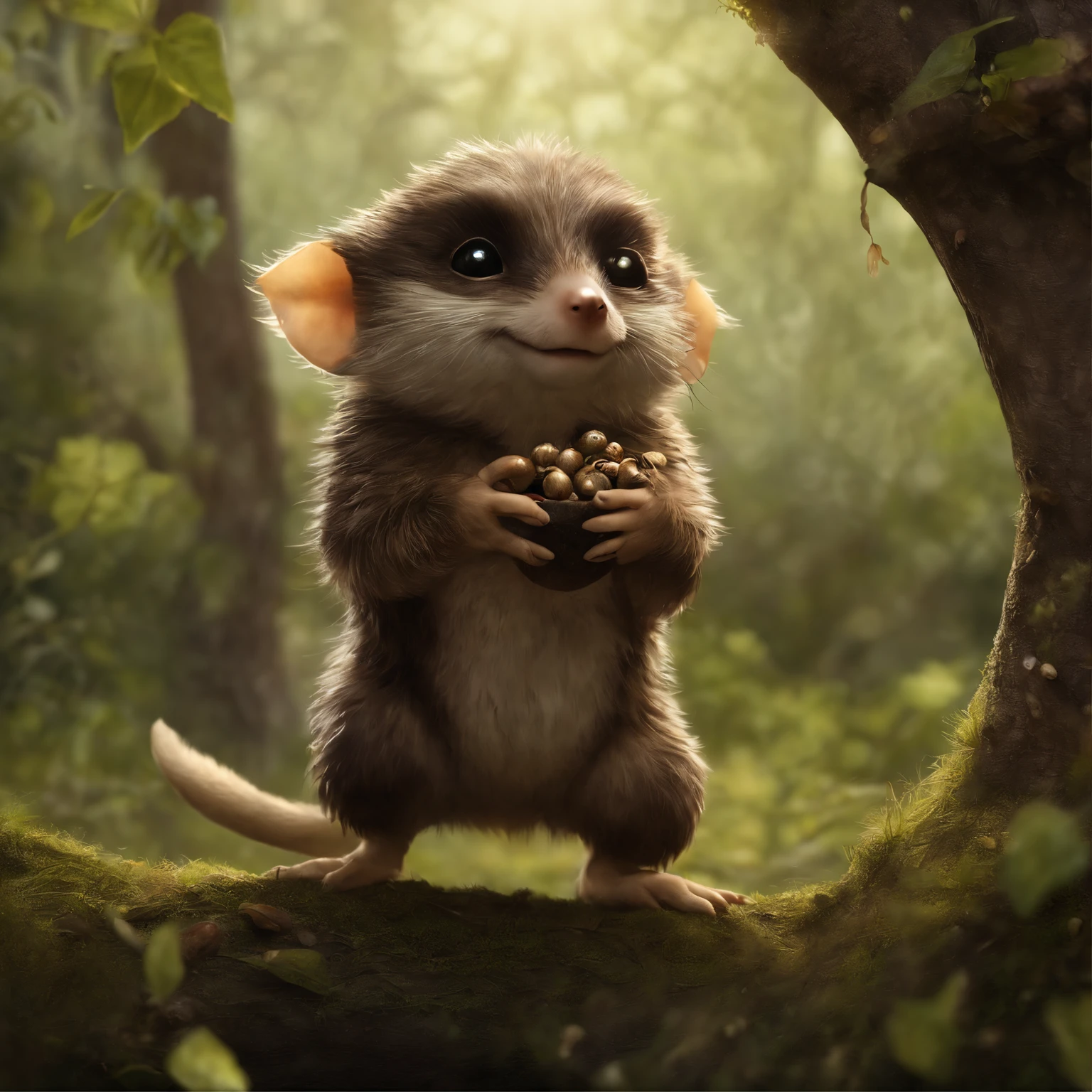 (CBZBB:1.25),gremlin,  hobbit style, in the style of John Tolkien, looks like ,gremlin looks like a mole((taupe)), in a clearing under an oak tree, holding a large acorn in his paws, CBZBB,Cute, Small, baby, Beautiful, Fantasy art, deviant art, trending artstation, Digital Art, Detailed, Realistic, humanoid, character, tiny, Cinematic shot, cinematic portrait of a mole, cute character, looks like a gremlin, looks like a mole,    ,gremlin, mole-like, bright silver and brown,  tail, large ears, elongated nose,,,, covered with silver fur, holding a large acorn in his paws, water, Burrow, tree roots stick out from the walls in the hole,  mushrooms sticking out of the ground, Best Quality, Masterpiece, in style of dark fantasy art,真实感, Realism, tmasterpiece, Brad Jongsan walks in the jungle (Night of the Fireflies), (higly detailed: 1 1), rough face, natural skin, hiquality, NSFW, pretty eyes, (Detailed face and eyes), (s face: 1 2), tumult, Complementary, real-photo, .......PSD, Lightweight Film Photography, sharp-focus, contrast lighting, Detail Skin, high resolution 8k, Crazy detailing, Realistic, professional photo of a, 8K UHD, dslr, soft light, hiquality, film grains, Fujifilm XT3, dark fantasy style,