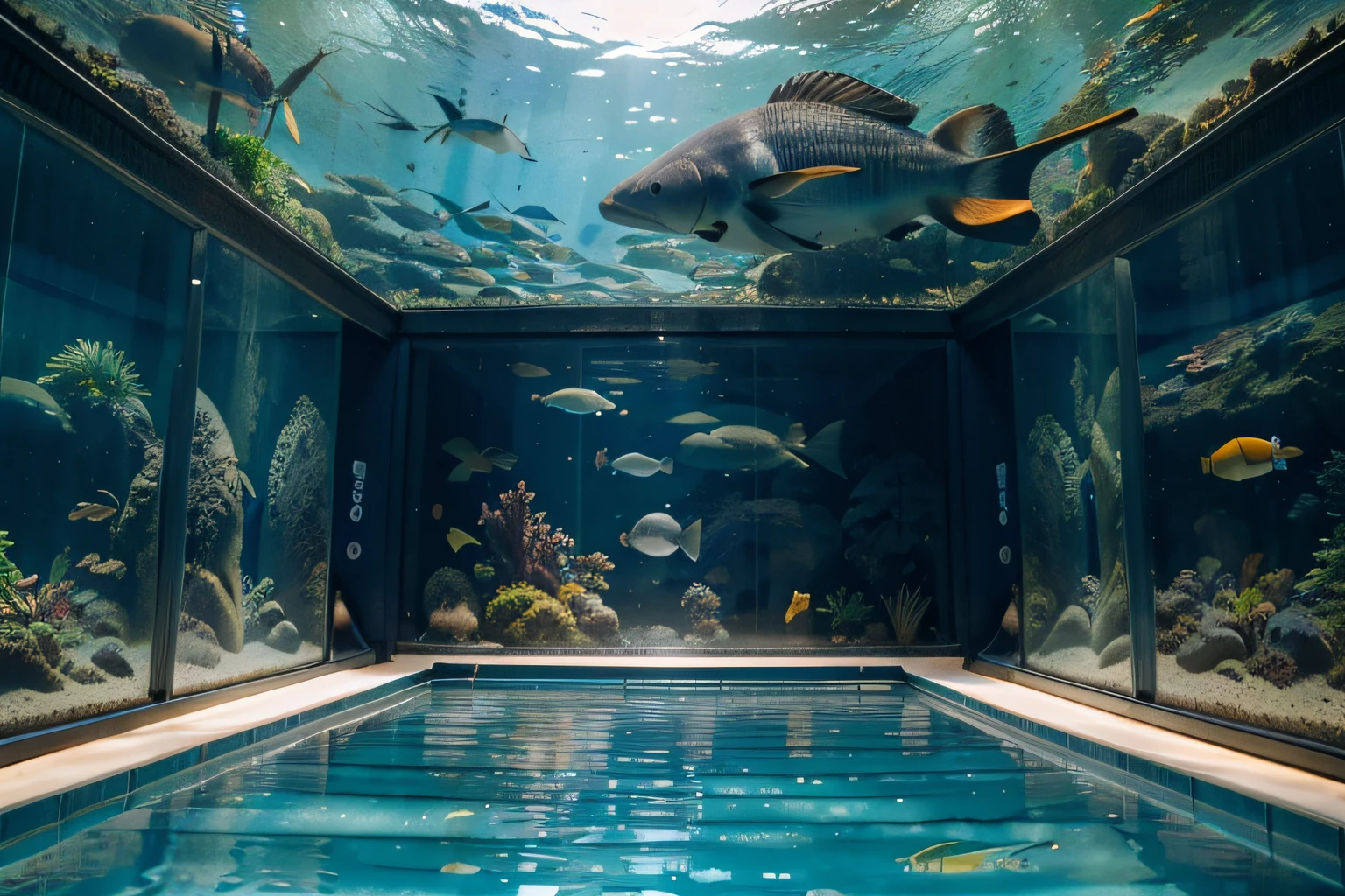 Hakkeijima Sea Paradise Theme Water Park, museum-aquarium, passage inside an aquarium with marine life, glass tunnel in a huge aquarium