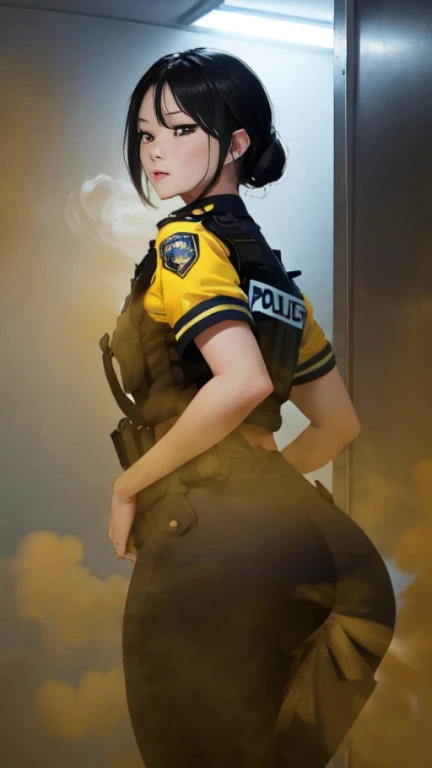 ((velocity)),Yellow smoke,Attacked by farts, (((Women farting))),(girl farting while interrogating prisoners)),frowned,velocity,(Yellow smoke is rising))(a female police), (wearing a police uniform),(standing facing the screen),(her butt facing the screen)) (short black hair),(Asian woman),(interrogation room ),(masterpiece:1.2、top-quality)、(the Extremely Detailed CG Unity 8K Wallpapers、ultra-detailliert、Best Shadows)、(细致背景)、(The best lighting、extremely delicate and beautiful)、depth of fields、1girl in、独奏、upward looking gaze、