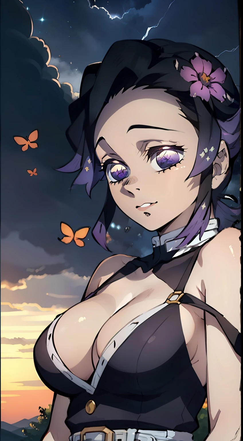 Ultra-realistic 8k CG,tmasterpiece,((Ultra Detailed Backgrounds,delicate patterns,Complicated details)),The best quality at its best,very vey very detailed face,highly detailed eyes and faces,very detailed eyes,Kochou Shinobu,multi-colored hair,without bangs,hair intake,Purple eye,haori,Butterflies,Obi Strip,(Patience of the sad:1.2),purple flower,The sky is predominantly cloudy,rays of sunshine,Tyndall effect,Gradient_skye,s face,Beautiful sky,Sabre on the belt,Mesmerizing posture,(large breasts:1.3),(cleavage:1.3),(Off-the-shoulder outfit:1.6)