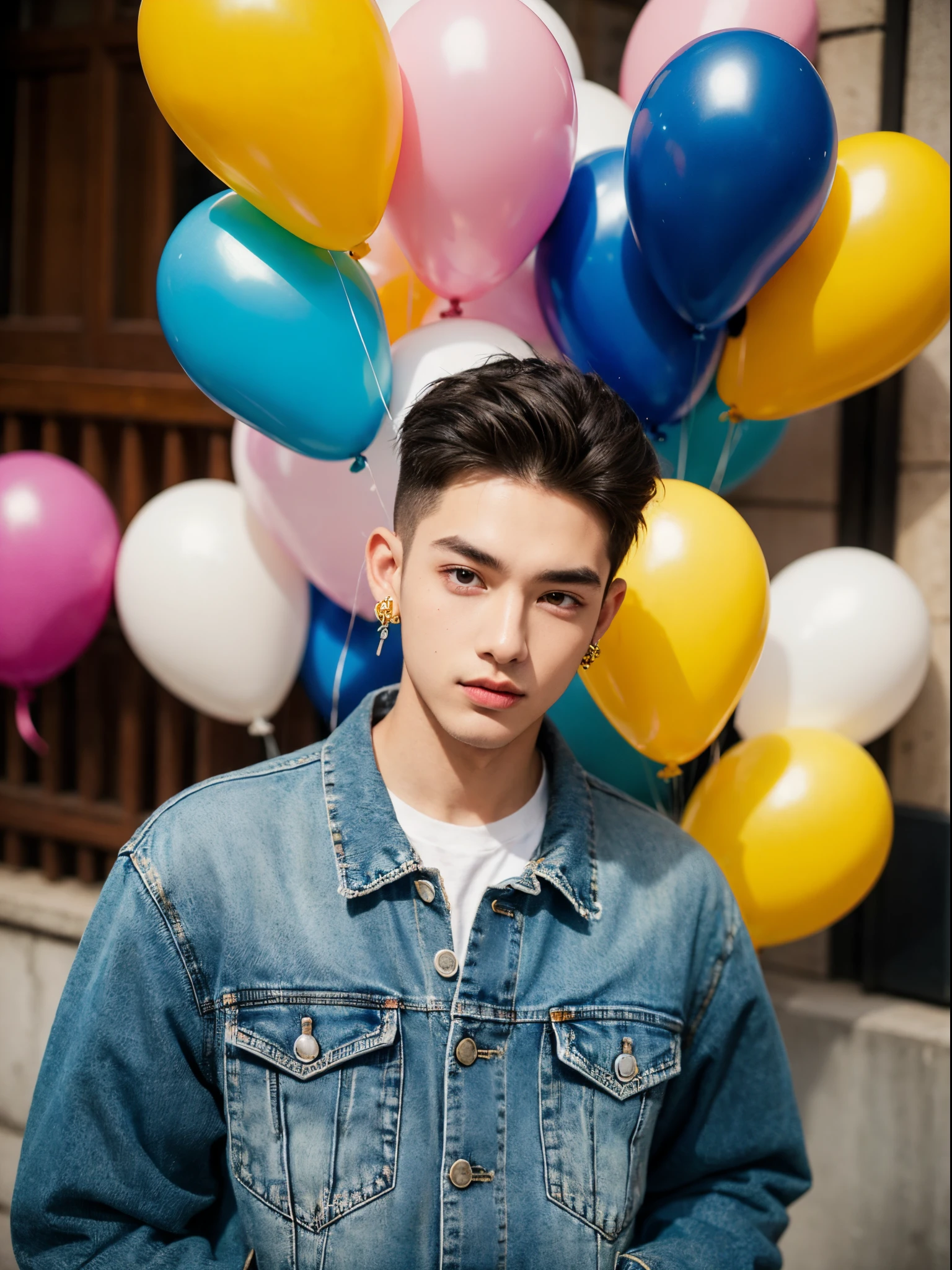 male, 20 year old boy, slick back, cut eyebrows, stud earrings, denim jacket, tatto in neck, half body photo, head facing the camera, colorful balloons in the background, street