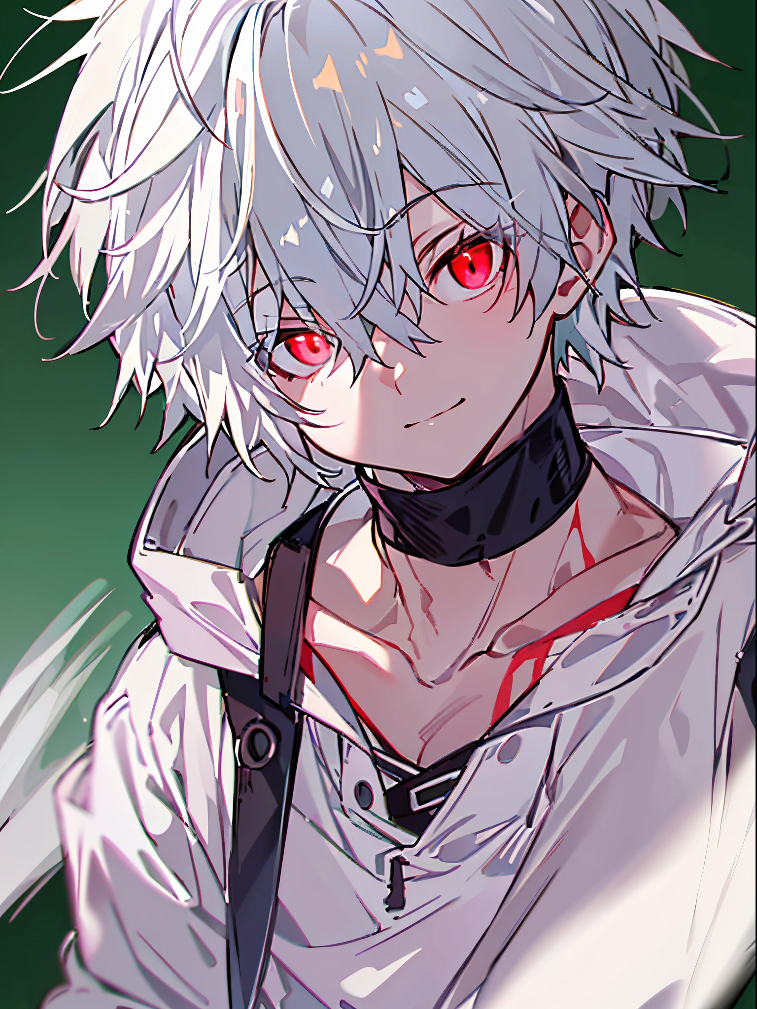 hight resolution,close range、Anime boy with white hair and red eyes staring at camera, Glowing red eyes,slim, dressed in a black outfit,Shadow Body,Simple background、White background、Green background,hair messy, Standing , Full body , toe
