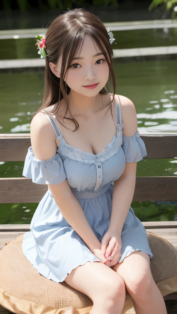 Adorable, 14years, Ruffled Summer Dresses, From diagonally forward , japanaese girl, cleavage, Sitting on a cushion, Looking at Viewer, Low contrast, (Smile:0.8), hair scrunchie, Best Quality, 超A high resolution, photographrealistic, ultra-detailliert, 8K, Raw photo, masuter piece