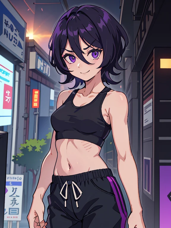 rating:safe、1girl、kuchiki_rukia、blurry、navel、black_hair、short_hair、looking_at_viewer、pants、black_pants、short_pants、spats、short_spats、black_short_pants、depth_of_field、breasts、lagre_breasts、big_breasts、smile、purple_eyes、midriff、hair_between_eyes、sports_bra、black_sportsbra、purple_sportsbra、crop_top、outdoors、building、solo、blurry_background、standing、bare_shoulders、collarbone、black_pants、photo_background、medium_hair、city、toned、