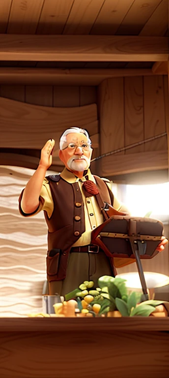 A wise old man standing with one hand raised