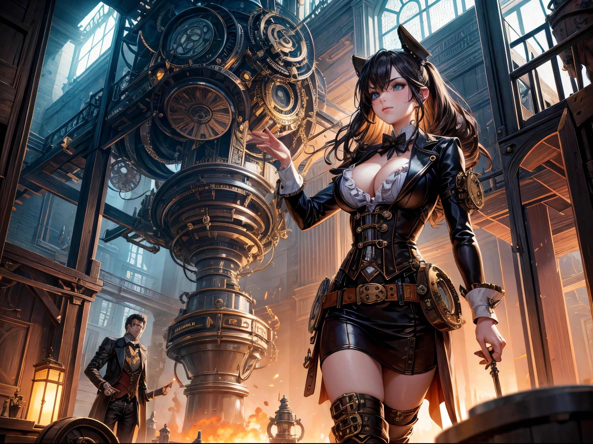 Steampunk-inspired machinery and contraptions interacting with interdimensional portals. Blend Victorian aesthetics with the futuristic concept of multiverses and wormholes. large ????
