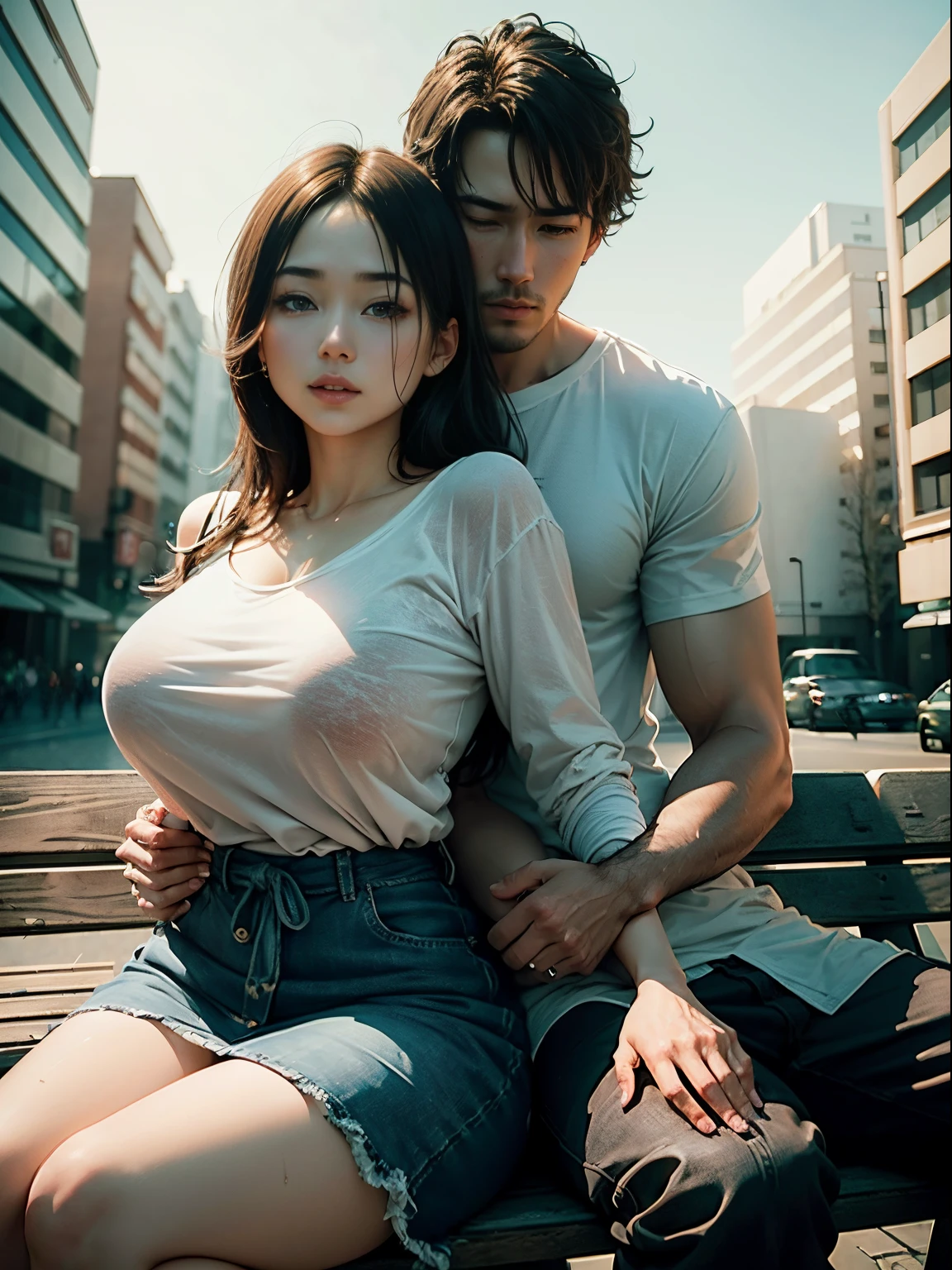 8k, masterpiece, (photorealistic:1.3), artistic portrait of a couple, (2 people:1.5), sitting together on the bench in the middle of big city, ((1man:1.3) with t-shirt) and ((1woman:1.3) with medium boobs in wet shirt), a man enjoying a woman's breast, man's hand on her boobs, (wide angle shot:1.5), exposed her sagging boobs, they exposed love language, japanese, natural colors, warm and romantic atmosphere, , cool and blue background, lovely ambient, dramatic romantic movie,