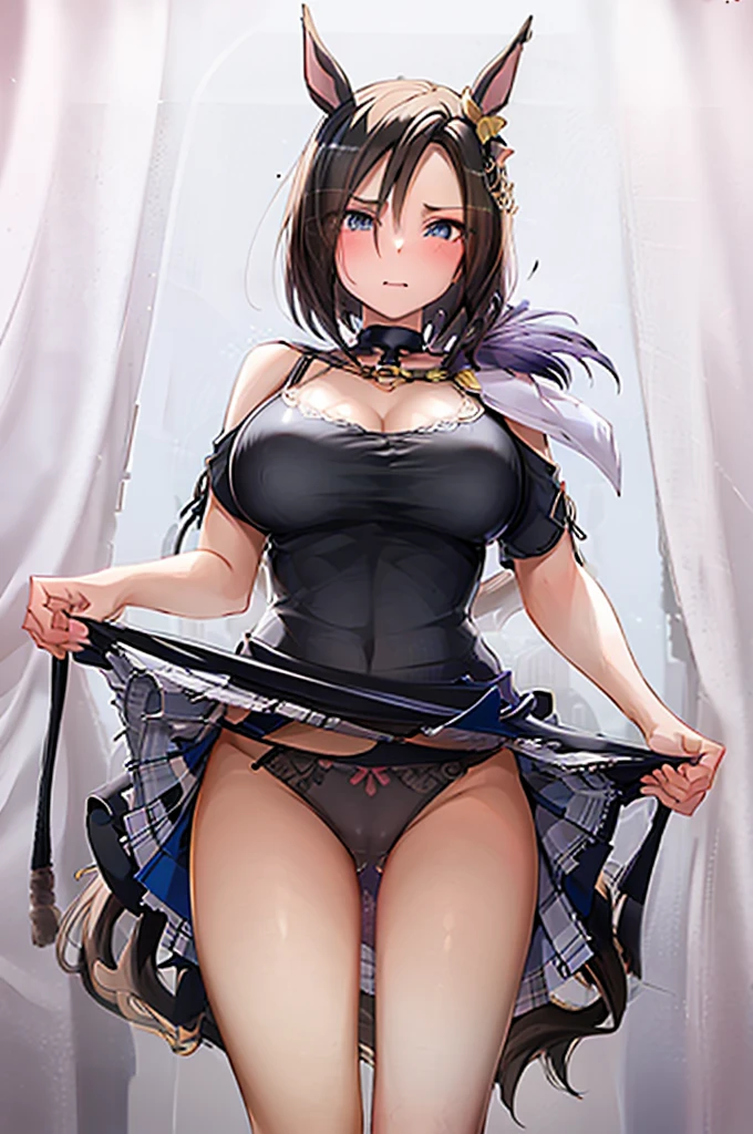 pink lingerie panties. (((Twisting the skirt))). Detailed female genitalia. (((Trembling girl ))). Big Breast. get blush. (((Grabbing the hem of the skirt))). Pants with drawstrings on the sides.