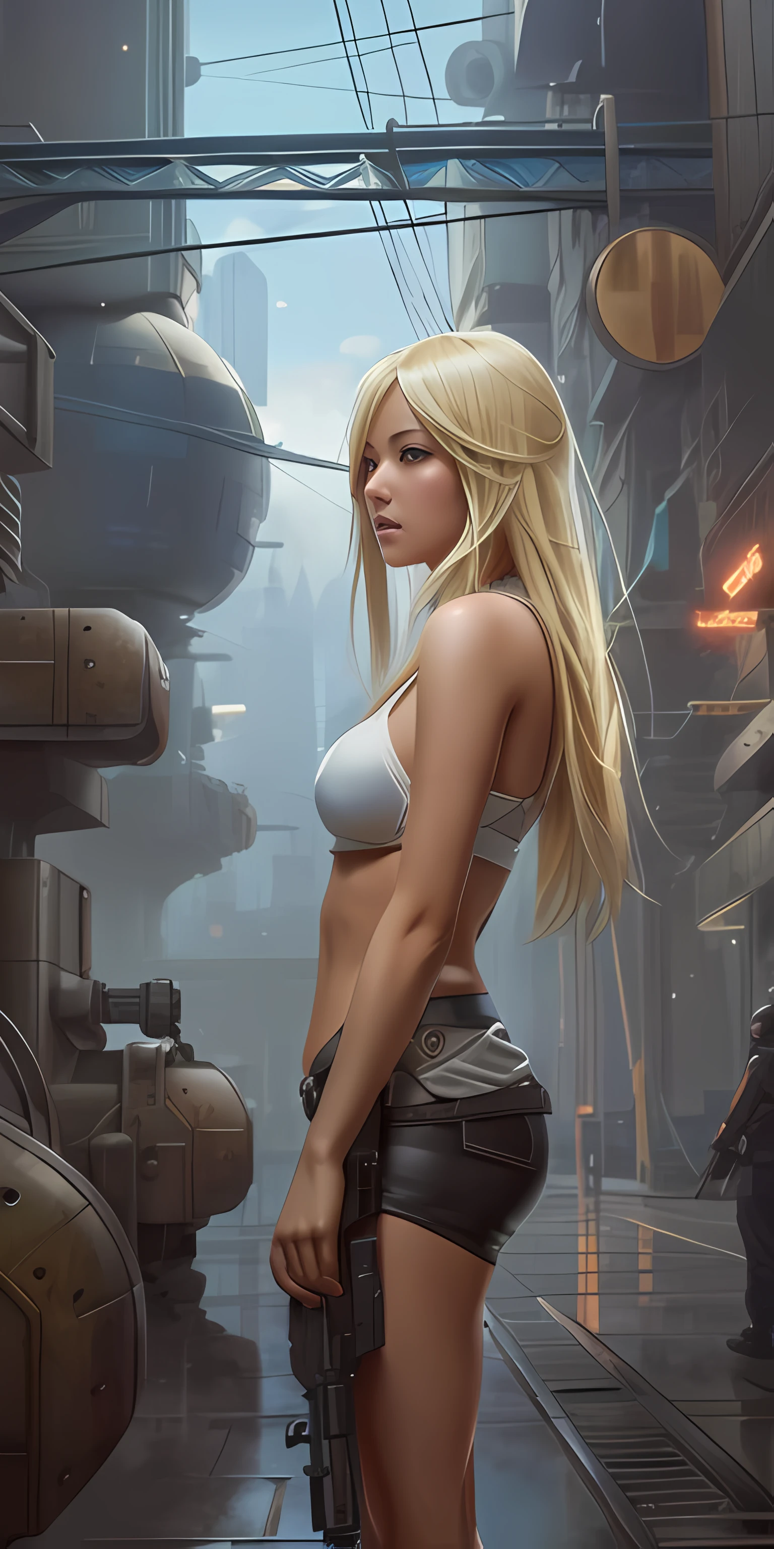 blond woman in a futuristic city with a gun, artwork in the style of guweiz, art of wlop and greg rutkowski, art of wlop, wlop and ross tran, guweiz, wlop and krenz cushart, the style of wlop, wlop art, ultrarealistic concept art, 2. 5 d cgi anime fantasy artwork, ((curvy figure)), ((cleavage)), ((full body))