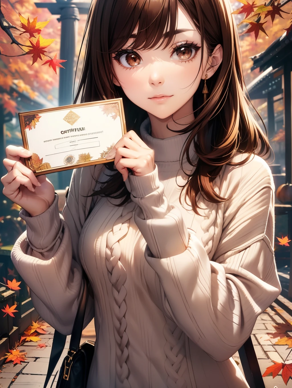 Best Quality, masutepiece, beautiful mature women、Beautiful face、Strong-minded woman、Officelady、(crew neck loose sweater dress、Autumn outfit:1.5)、(brown haired、Bangs are asymmetrical)、((Brown-eyed、Undersized eyes))、Longhaire、Undersized eyes、(((shrines)))、(torii gate)、BREAK(((show off the certificate to the audience、poseing)))