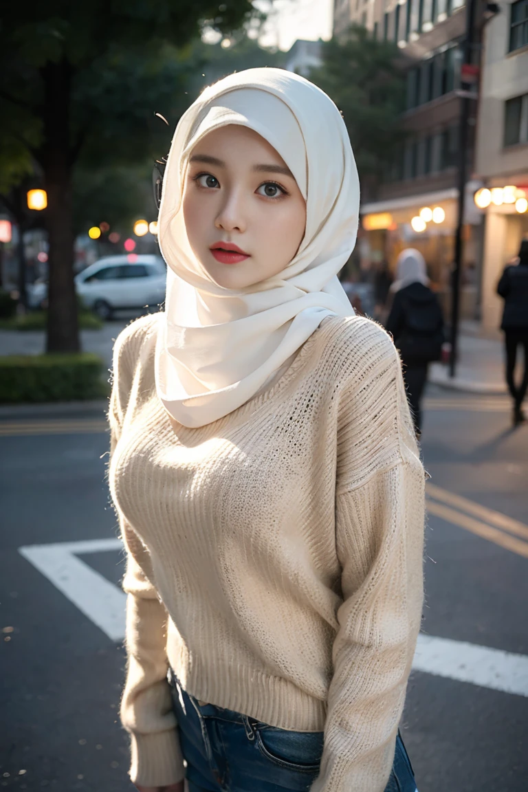 (Best quality, masterpiece, ultra-detail, extremely detailed 8k CG), mature female, 1girl, (hijab) , casual outfit, wearing sweater, medium breast, professional lighting, medium close shot, serious expressions, emotionless, depth of field, outdoor,