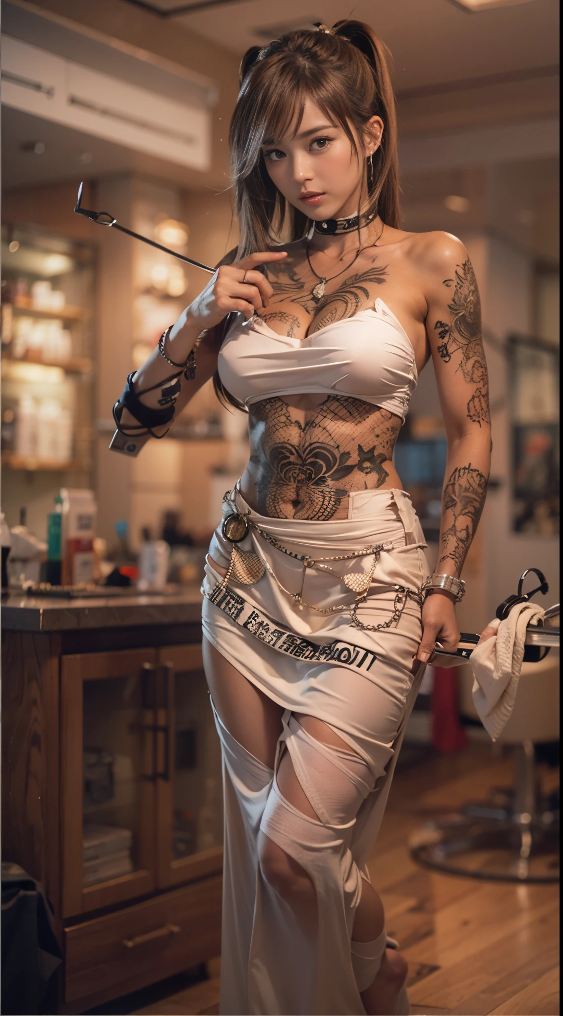 nsfw, A charismatic female hairstylist, muscular with many tattoos, working in a luxurious salon. She has a deep tan, typical of a gyaru style, and is intensely focusing on her work while holding scissors. The image should include detailed depictions of the salon environment, hairstyling tools, and accessories. The stylist's expression is serious and dedicated, capturing her commitment to her craft. The full body of the stylist should be shown in the image.