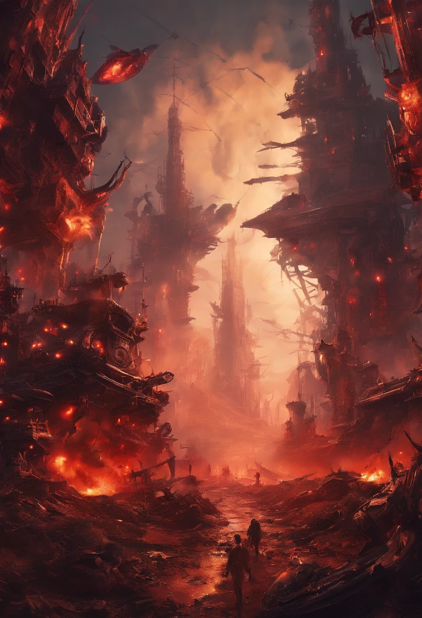 A wasteland-style spaceship, exploding in the air, black smoke from the engine, surrounded by a group of small red wasteland-style aircraft, with an abandoned ancient city in the background, towering industrial towers everywhere and some withered vegetation, storm-swept, foggy, low-saturation, cinematic, Unreal Engine, trending on artstation