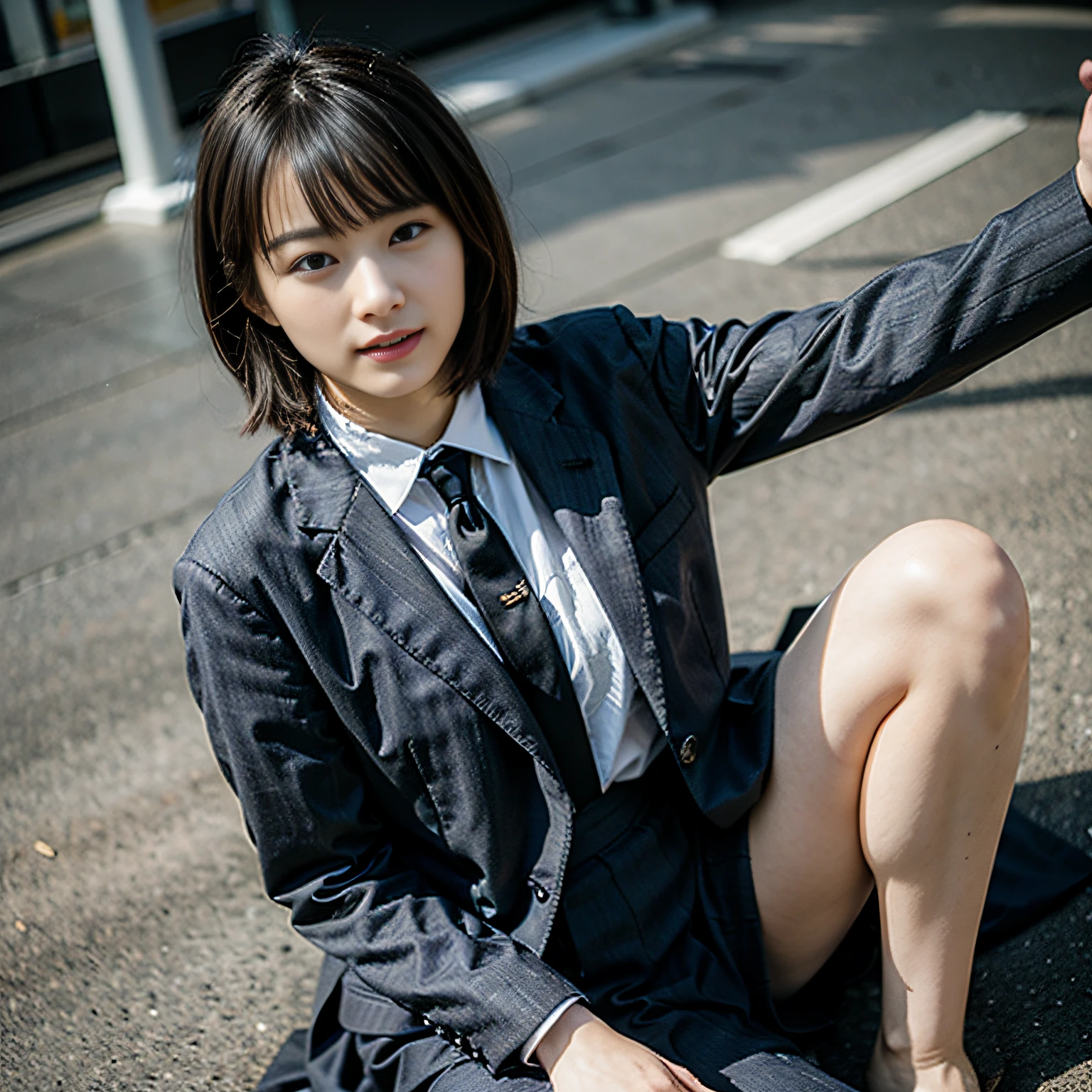 OL、Suits、skirt by the、Spread your legs wide、raise arms、Crouching