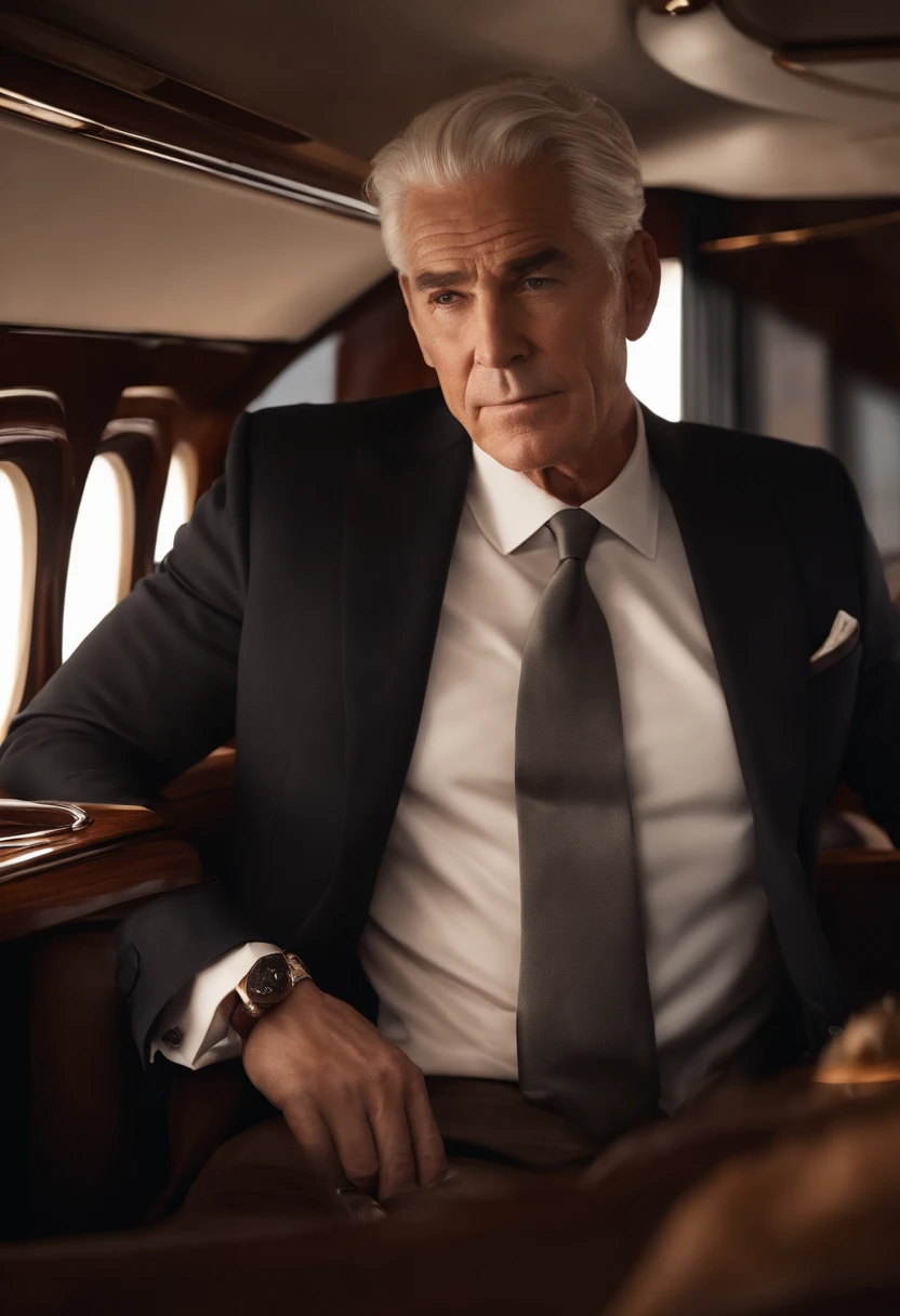 A photo of Logan in a private jet, surrounded by luxurious amenities and a glass of whiskey in hand.,original,Logan Roy, the fictional patriarch in “Succession,” possesses a commanding presence, characterized by his tall stature, sharp suits that speak to his power and wealth, and an often stern, unyielding facial expression. His aging appearance, marked by a full head of white hair and a penetrating gaze, adds to his intimidating demeanor., male