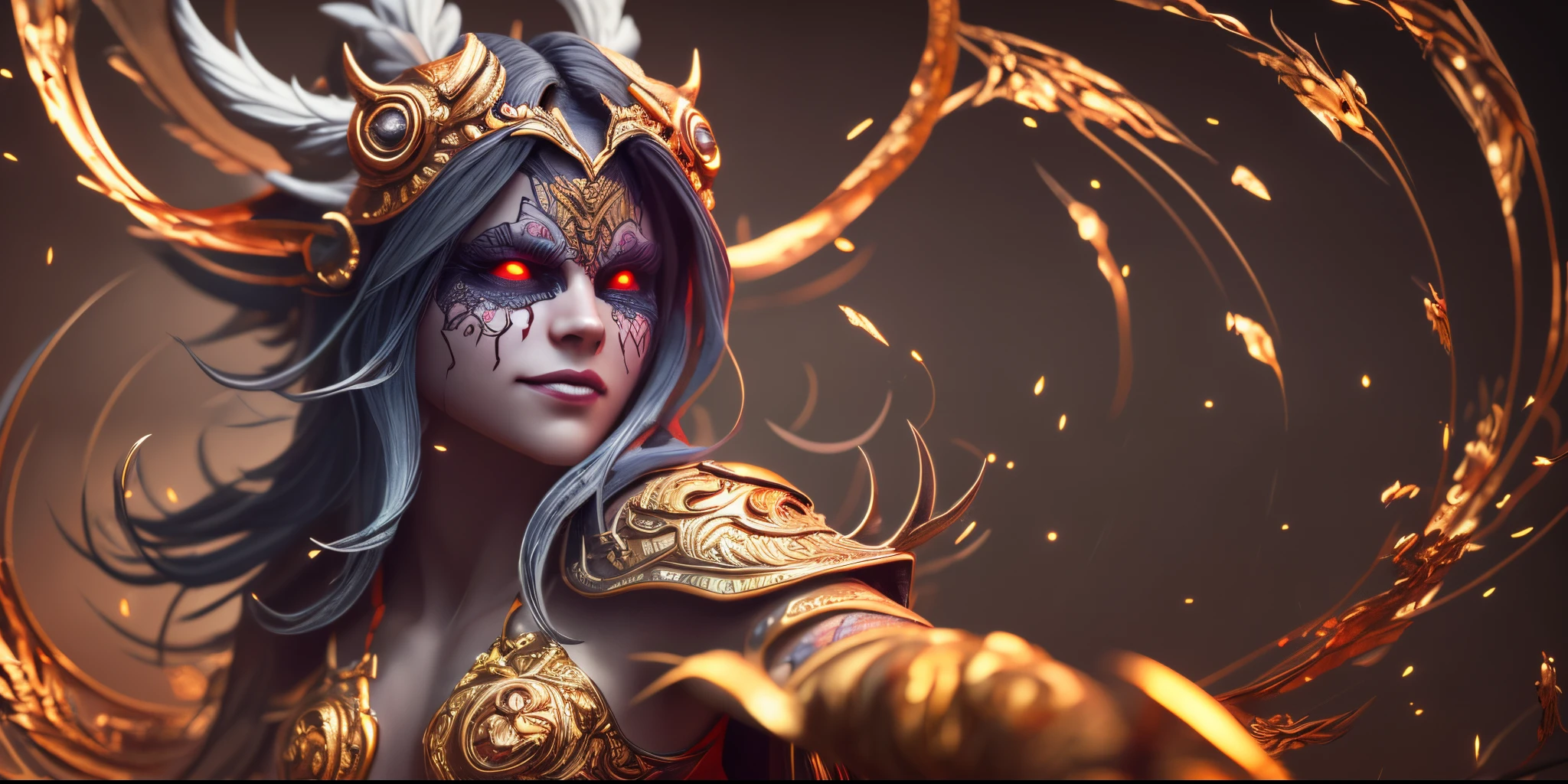 Powerful female necromancer "Diablo 4", Wears a dark gold helmet in the shape of an undead, It has a delicate and beautiful face. White skin, beautiful long legs。Immerse yourself in the breath of evil, Emits blue ethereal flames, Summon an army of skeletons.