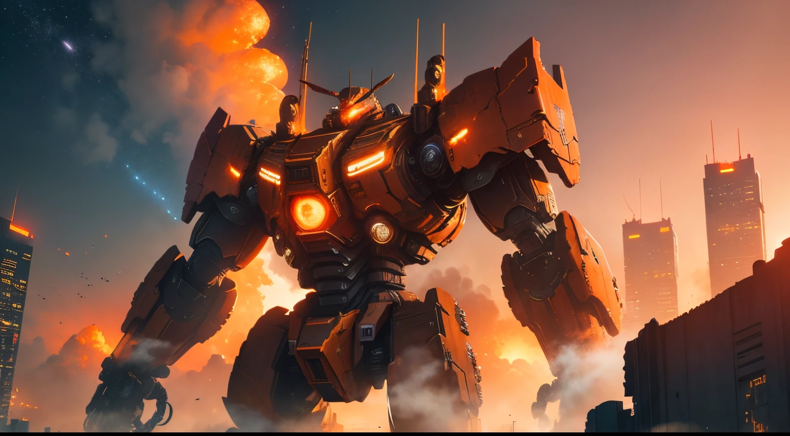 Run-down city, Battlefield, ruins, Gunsmoke fills, Broken giant robot, Orange sky, Dust, radiance, starry, from below, wide shot, cinematic lighting, blurry, Ultra-Wide Angle, best quality, 8k, Pacific rim