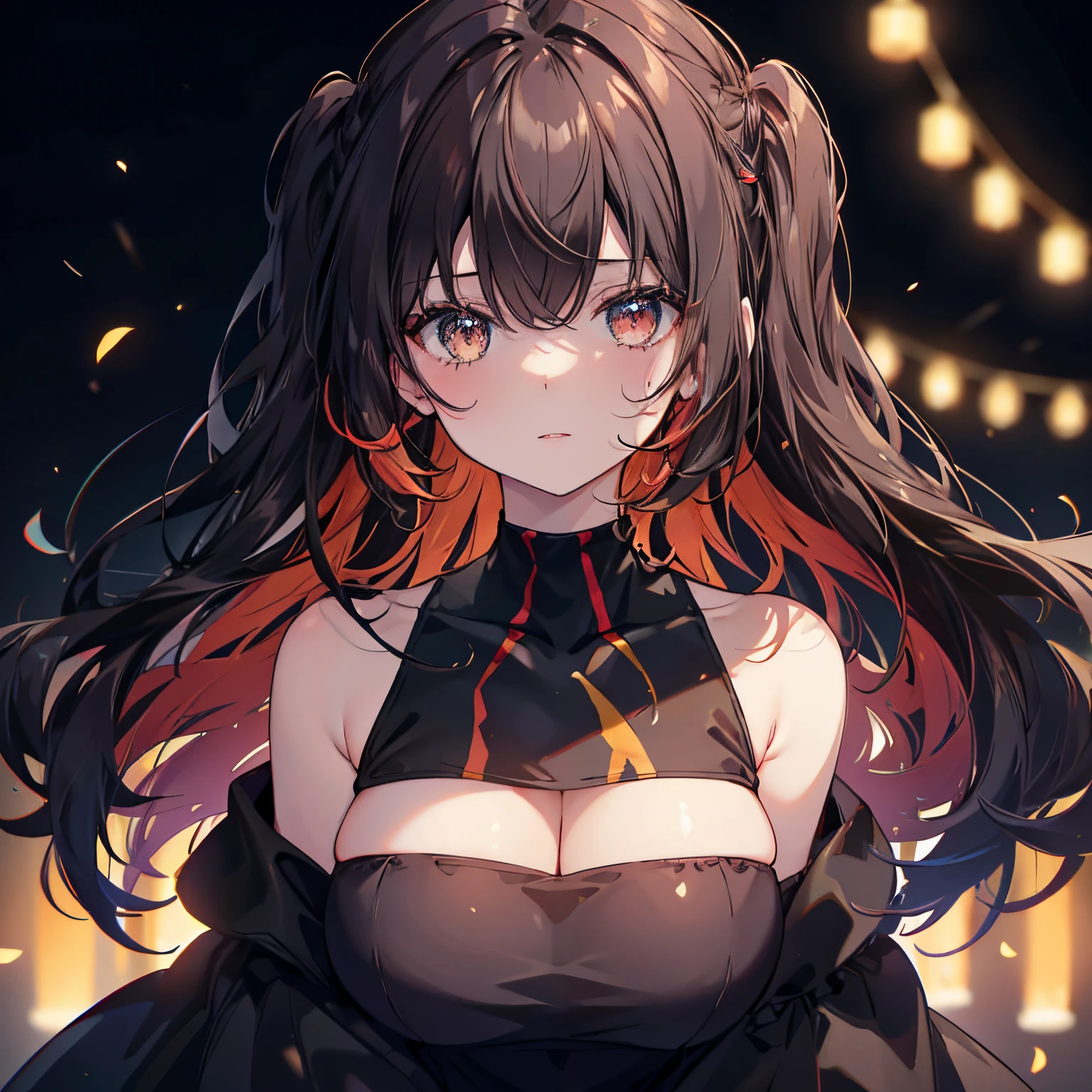 multicolour, 1个Giant Breast Girl, the night, Dark, brunette color hair, looking at viewert, The upper part of the body, facing to audience, limited palette, with black background, glowing,Bandeau dress