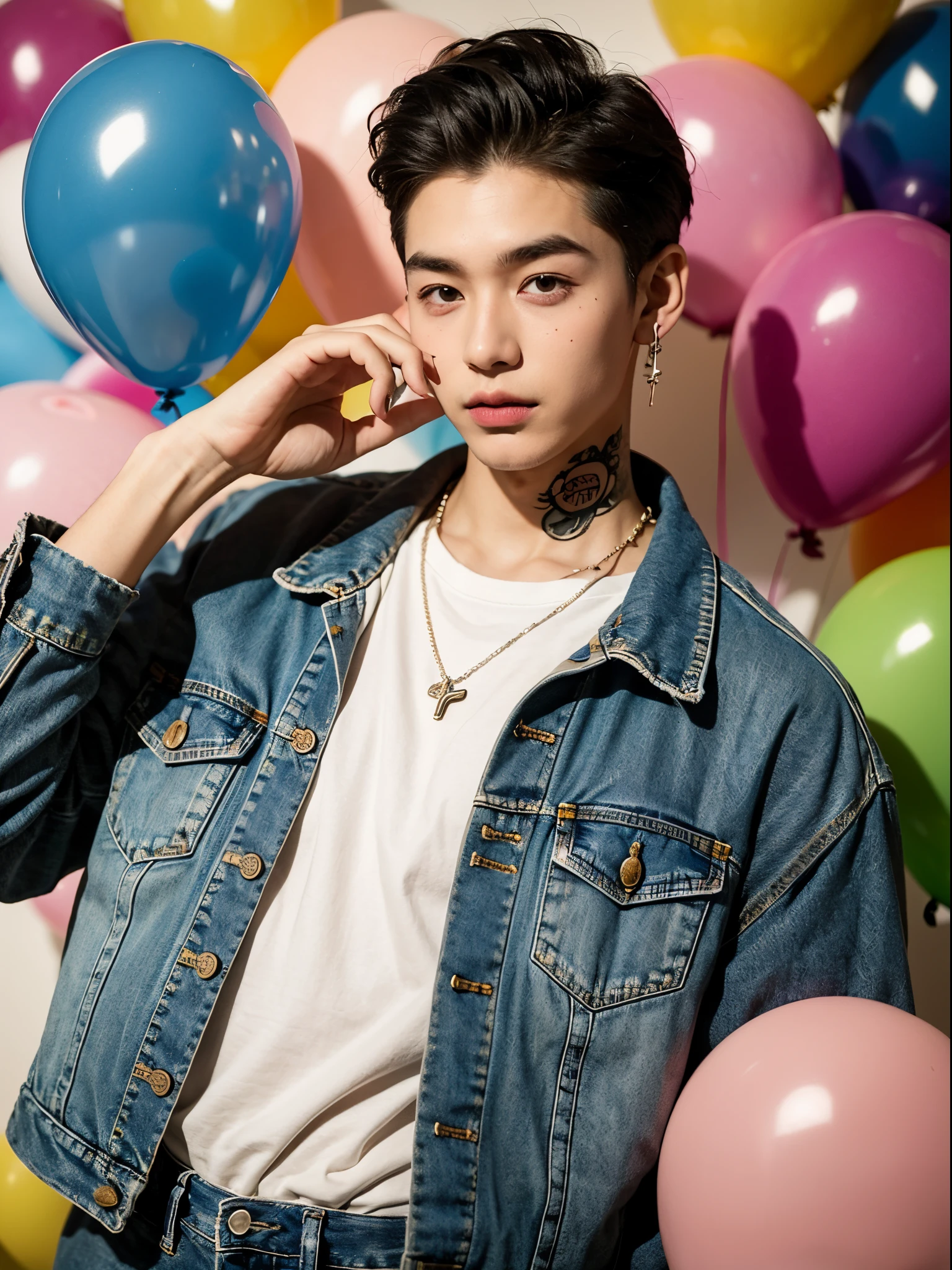 male, 20 year old boy, slick back, cut eyebrows, dangly earrings, denim jacket, tatto in neck, half body photo, head facing the camera, colorful balloons in the background, street