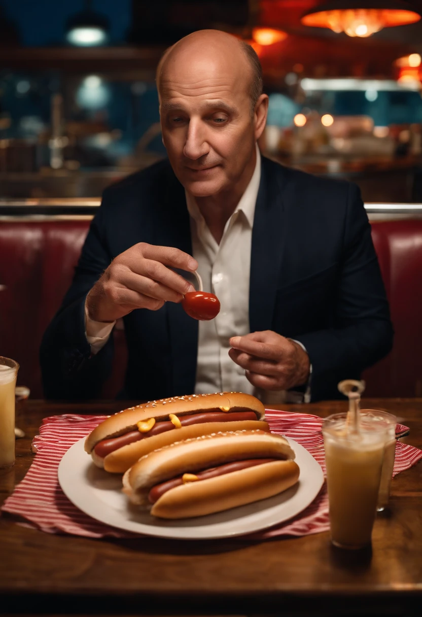 Hotdogfingers at a late-night diner, munching on a hot dog platter,original,He’s a middle aged man who is balding but the star of the show is that his fingers are hot dogs , male