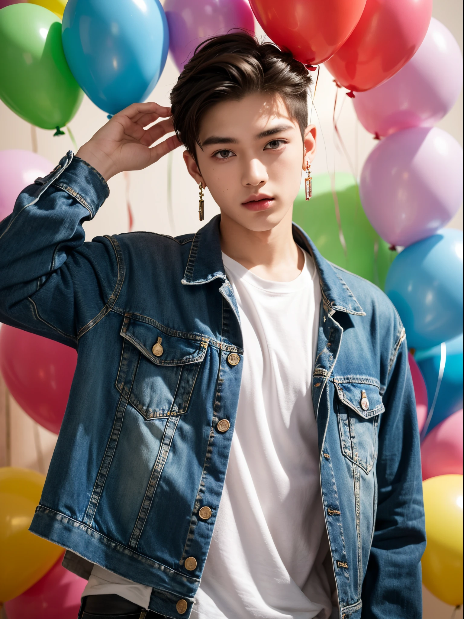 male, 20 year old boy, slick back, cut eyebrows, dangly earrings, denim jacket, tatto in neck, half body photo, head facing the camera, colorful balloons in the background, street