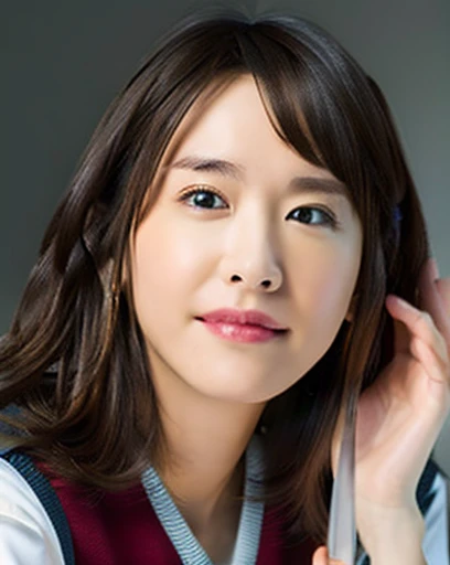 Best Quality, Face Focus, Soft light, 超A high resolution, (Photorealistic:1.4), Raw photo,
1日本人の女の子, Solo, Cute, (Shy smile:0.5), (Brown eyes, Light in the eyes),  Detailed beautiful face, (Small chest),(High-resolution details of human skin texture),Long body、
(Long hair),
sit on sofa,
School uniform, vests, Skirt