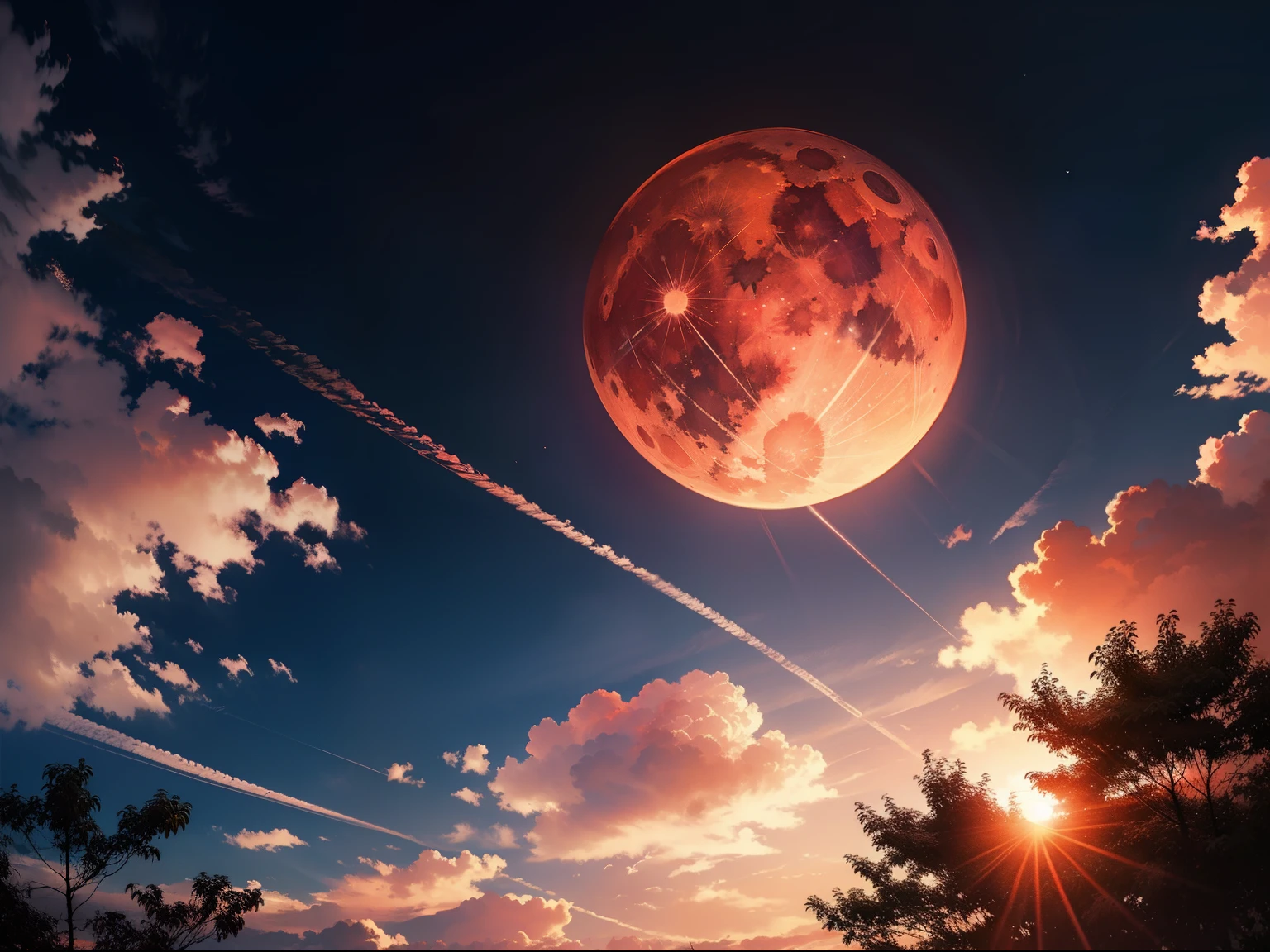 Sunset,Red moon,Purple sun。Yellow clouds