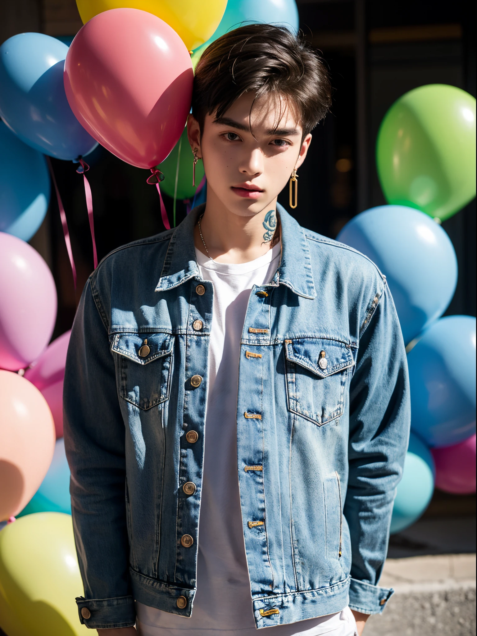 male, 20 year old boy, slick back, cut eyebrows, dangly earrings, denim jacket, tatto in neck, half body photo, head facing the camera, colorful balloons in the background, street