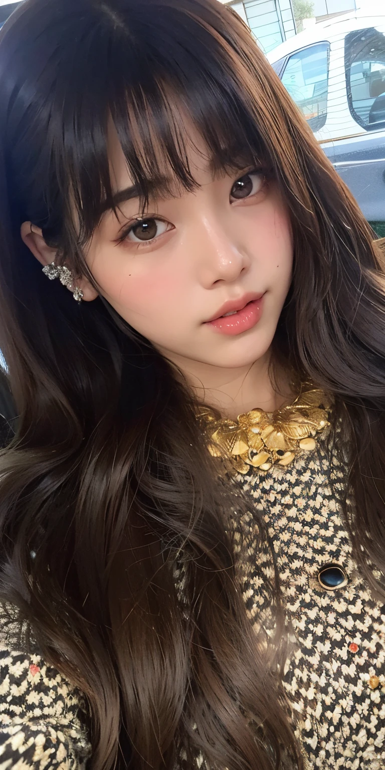 A close-up of a woman with long hair wearing a sweater, Wonyoung, El Corte Hime,