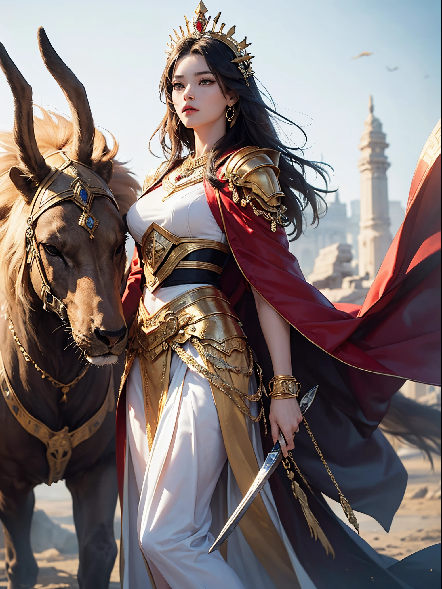 ((​masterpiece)))、(((top-quality)))、((ultra-detailliert))、(A hyper-realistic)、(highly detailed CGillustration）、Official art、lion motif、Gold and red tones、Fantasia、Ancient mythology、Ancient Mesopotamia、Mystical、solemnity、An majestic、Best Quality, ​master piece、Battle Master、Ishtar, Goddess of War、Guardian of Babylon、Increase your fighting spirit、Invincible Great General、Brave、Awe-inspiring Hall々、glorias、honor of babylon、Veteran Hero、Slender eyes、matchless beauty、Rin々Right、refinement、noble、Proud、Wearing noble jewelry、Equip your weapons、The appearance is luxurious and golden armor、Cloak in the wind、Tall and lean、fiery red long hair、Perfect Angle、perfect-composition、low angles