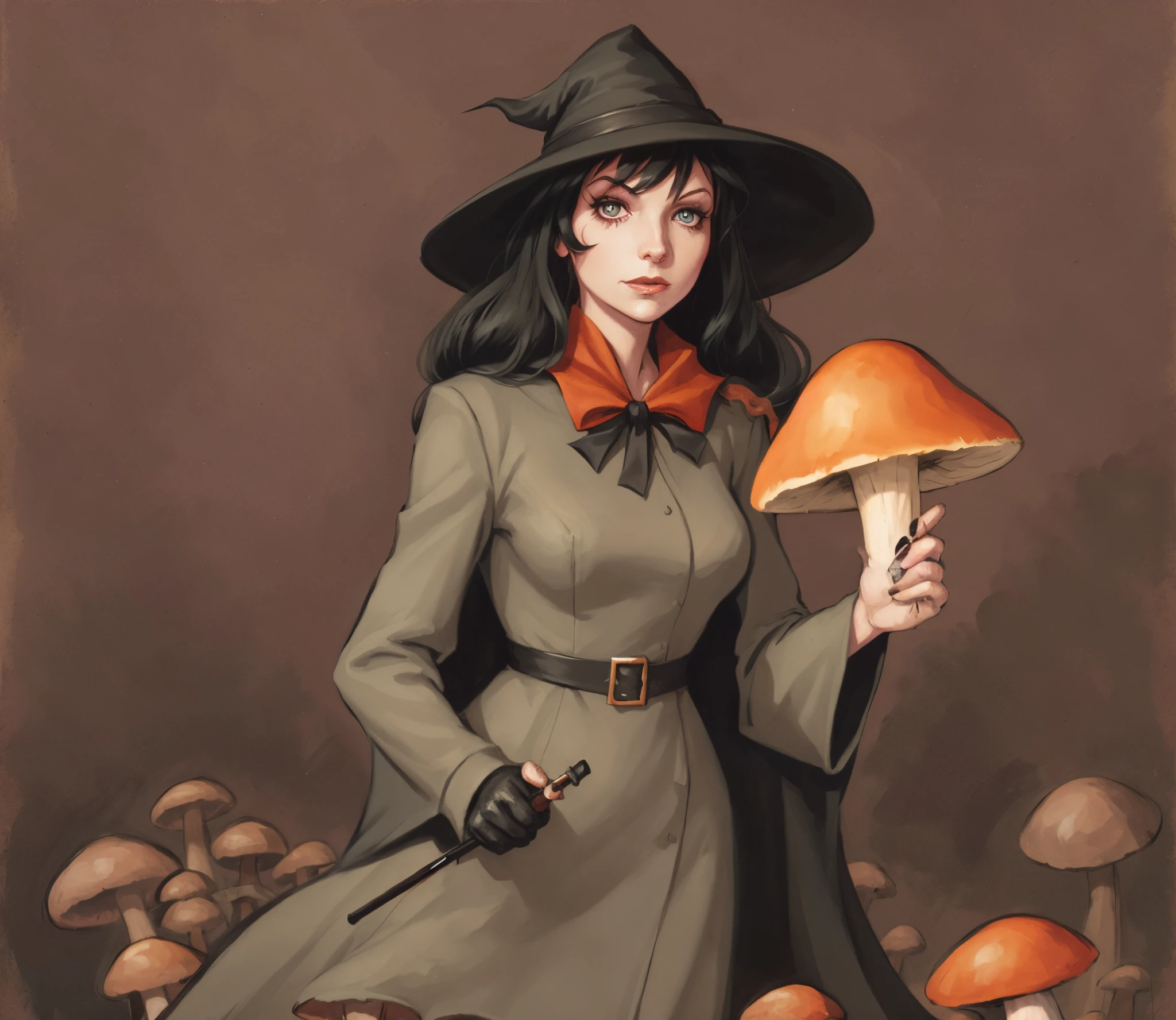 Witch with hat, wand and mushroom, by Eddie Mendoza, Grandma Weatherwax, the witch, Witch Girl, by Adam Hughes, Altgerm Greg Rutkowski _ greg, artgerm and lois van baarle, classical witch, Witch, supervillain sorceress witch, full color illustration, Chris Moore. ArtGerm