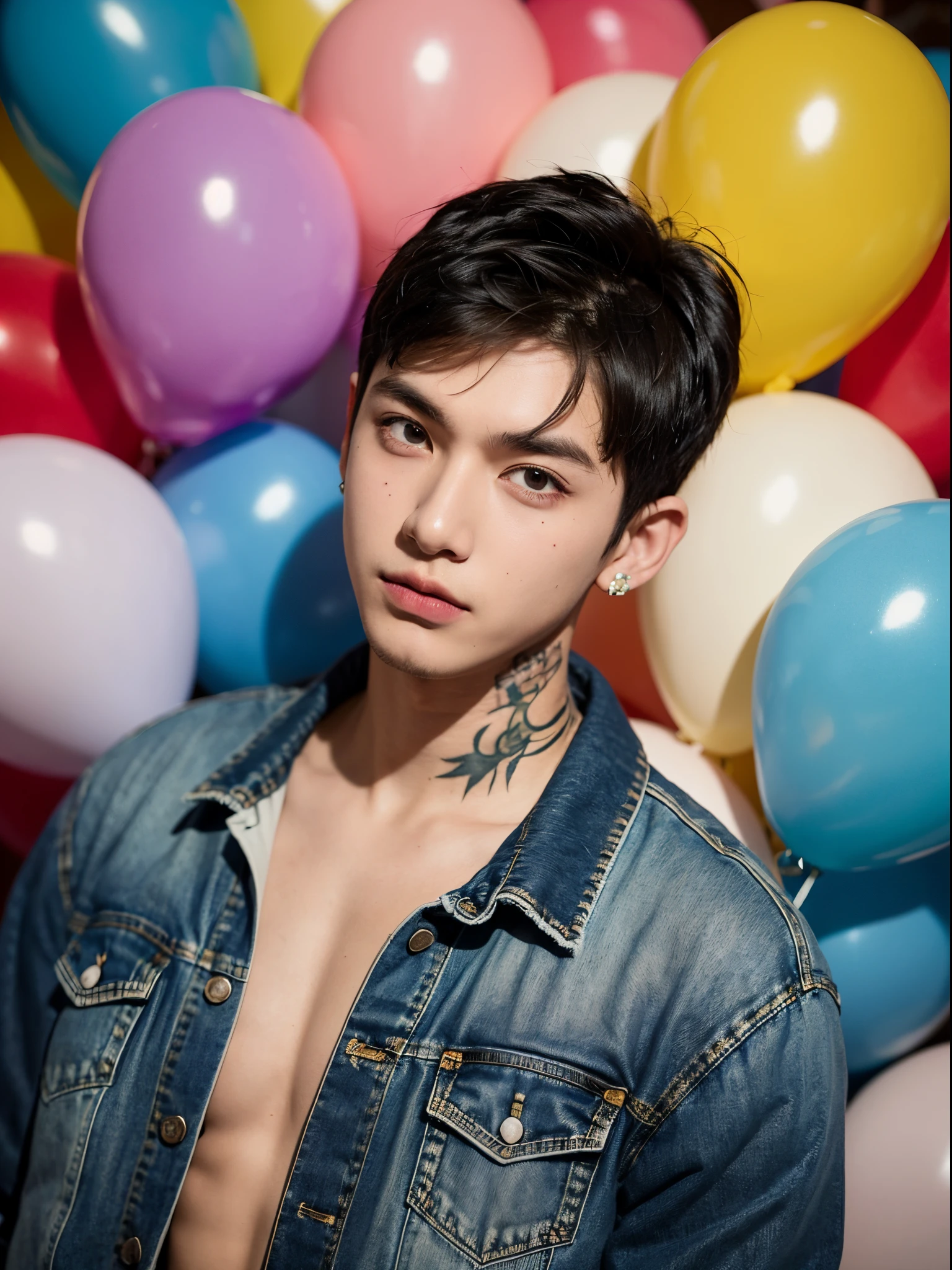 male, 20 year old boy, black eyes, buzz cut hair, right earringman, tattoo on neck, denim jacket, half body photo, head facing the camera, colorful balloons in the background, street