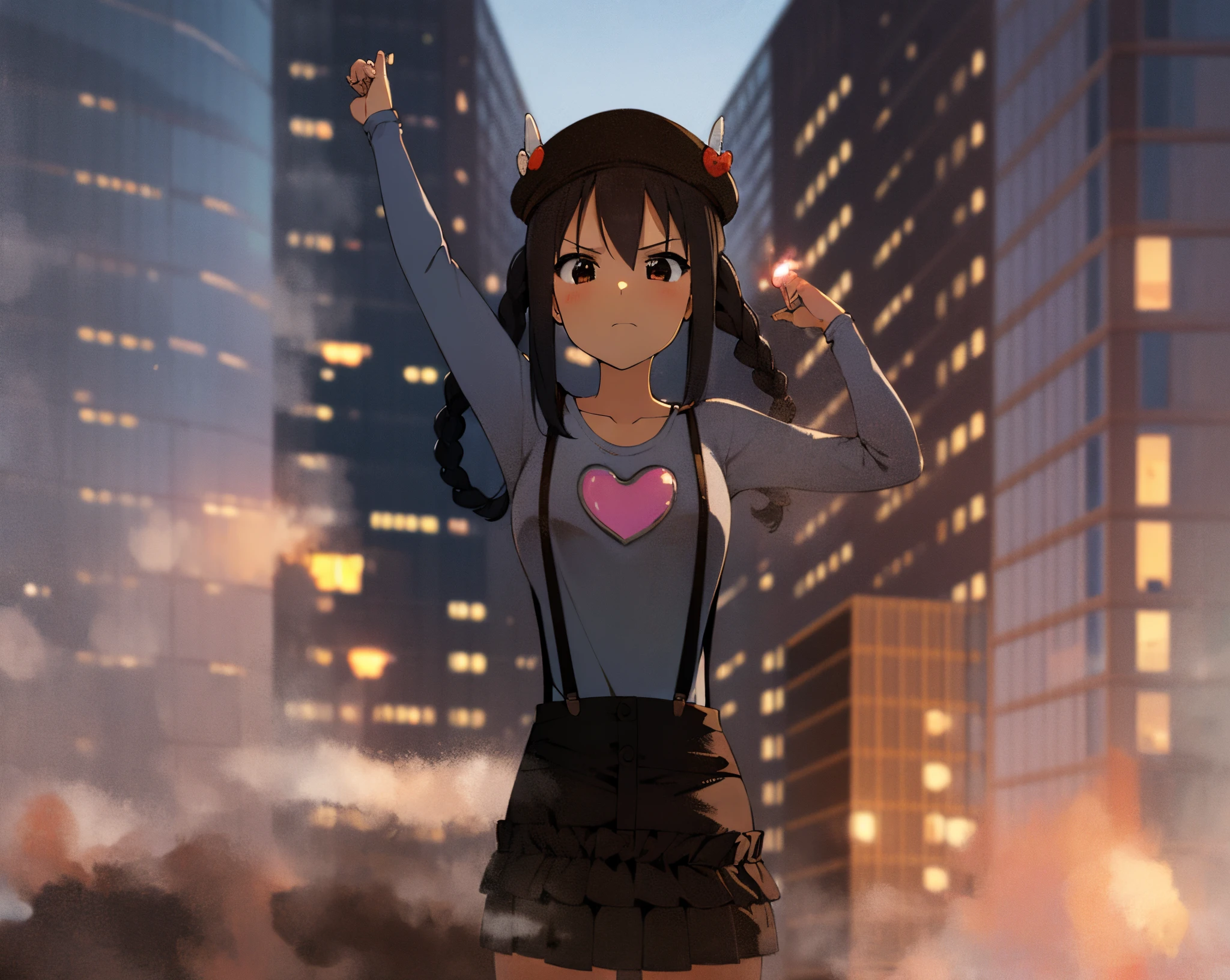 1girl, (((masterpiece))), top-quality, top-quality, high détails, nakano azusa, 1girl, Twin-tailed, length hair, A dark-haired, brown-eyed, Gray T-shirt.suspenders.a black skirt.illustratio, comic strip, soothing tones, Subdued Color, Soft cinematic light, adobe lightroom, photolab, HDR, intricately and hyper-detailed、(((depth of fields))))。(((masterpiece)))。(((top-quality))).)((ultra-detailliert)))。(((illustratio)))。(((takeout))).dynamic focus.big breasts.(((Skyscrapers))).(((A city scape))).(((serious))). closed mouth.(((raising one arm))).(((up chest))).((morning)).((the morning sun)).(((Heart on chest))).Feathered hat.Bend your elbows