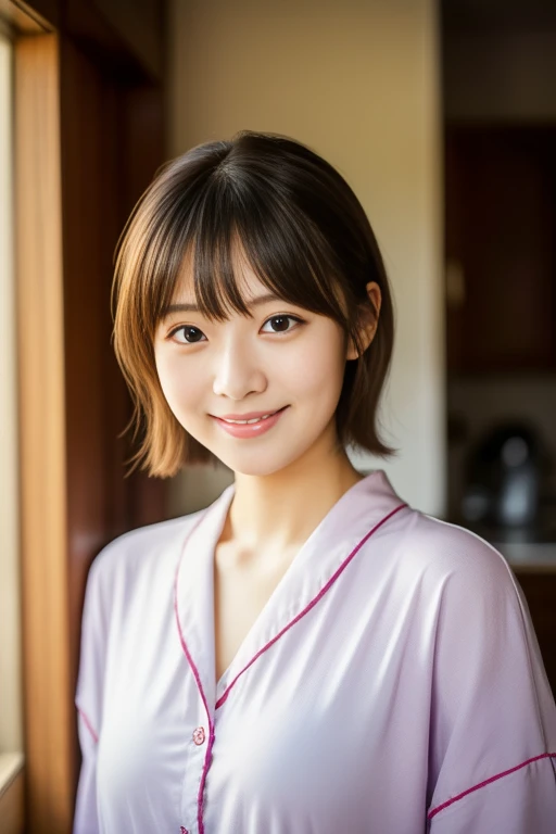 (8K、top-quality、​masterpiece:1.2)、(reallistic、Photorealsitic:1.2)Alafed Girl, chiho, iwakura lain, closeup Iwakura Lain, With short hair, Shiori Teshirogi, Kotegawa Yui, She is , sui ishida with black hair, lain iwakura, girl cute-fine-face, Clear pubic contours,(Small breasts), hight resolution, ighly detailed, top-quality, [​masterpiece:1.6],, ighly detailed, nffsw, finely detail, top-quality, , Cinematographic lighting, 1girl in、Cute Japan Girls、perfect body type、, Cute droopy eyes、Beautiful big eyes、ultra-detailliert、hight resolution、Transcendent beauty　top-quality、​masterpiece、majicMIX Real、(Raw photography:1.2)、(Photorealsitic:1.4)、Home Kitchen　in a house　dressing gown　pajama t-shirt　Living together in pants　Room of the Rising Sun　Smiling smile　Embarrassed look　Apron