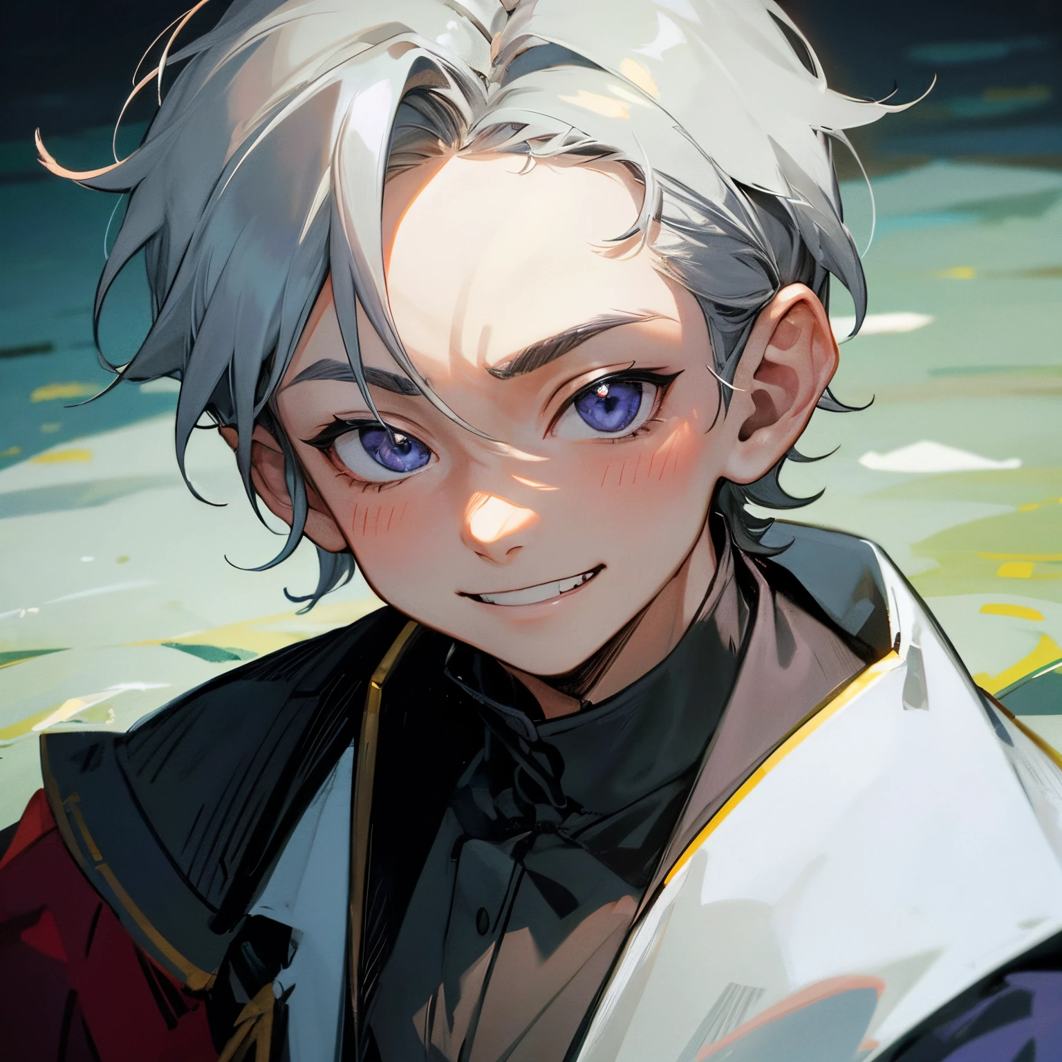 8 year old child boy, looks frail, middle age setting, son of duke, smile (1.2 evil), hair half silver, half raven purple