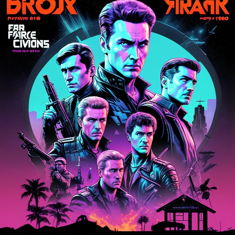 An ordinary civilian confronts his inner demons in the mirror,《Far Cry:Blood Dragon》poster for, 80s poster, Official poster artwork, 8 0 movie posters, 1980s movie poster art, Epic retro wave art, 1 9 8 0 s poster style, 80s style poster, 1 9 8 0 movie poster, retrowave epic art, 1 9 8 0 s movie poster