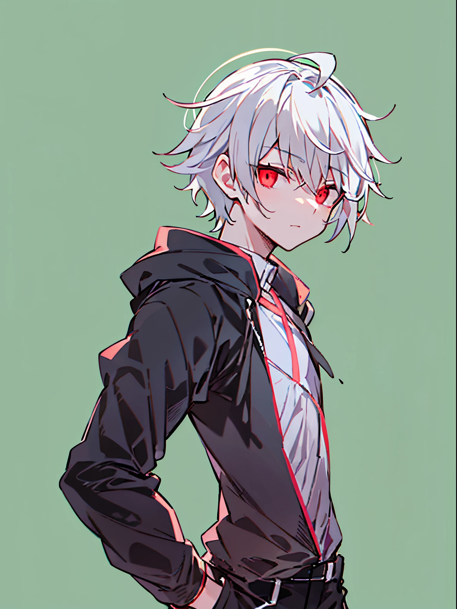 hight resolution,close range、Anime boy with white hair and red eyes staring at camera, Glowing red eyes,slim, dressed in a black outfit,Shadow Body,Simple background、White background、Green background,hair messy, Standing , Full body , toe