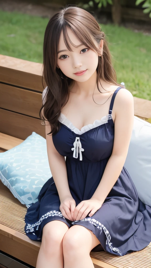 Adorable, ars, Ruffled Summer Dresses, From diagonally forward ,  japanaese girl, cleavage, Sitting on a cushion,  Looking at Viewer,   Low contrast, (Smile:0.8), hair scrunchie,  Best Quality, 超A high resolution, photographrealistic, ultra-detailliert, 8K, Raw photo, masuter piece