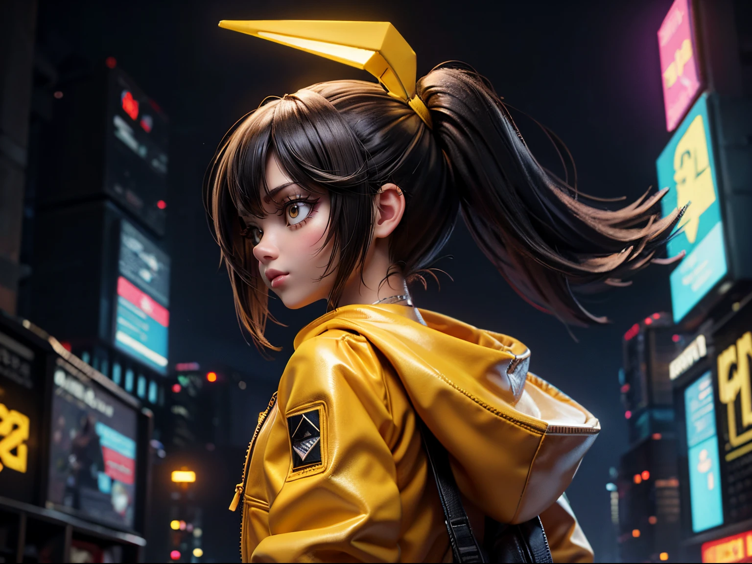cute cartoon girl walking , cute yellow duck face hood, Yellow leather suit, cyberpunk Future city, Late night, profile view
