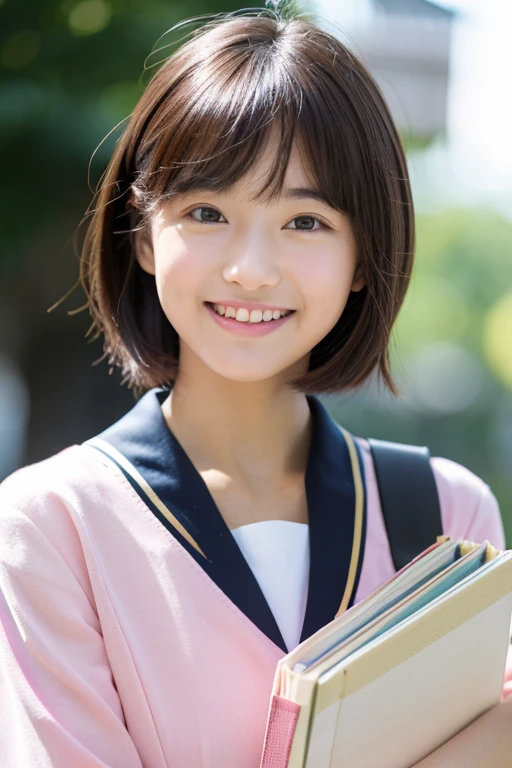 (8K、Raw photography、top-quality、masterpiece:1.2)、(realisitic、Photorealsitic:1.37)、ultra-detailliert、超A high resolution、女の子1人、see the beholder、beautifull detailed face、A smile、Constriction、(Slim waist) :1.3)、Beautiful detailed skin、Skin Texture、Floating hair、Professional Lighting、Whole human body、a blond、japanese hight school uniform、a sailor suit、matriculation、short-cut、Bob Hair、E-cup、Happy smile、、Red ribbons、a baby face、Childisuppin、Moisturizing lips、Thin pink lips、atlibrary、Lots of books