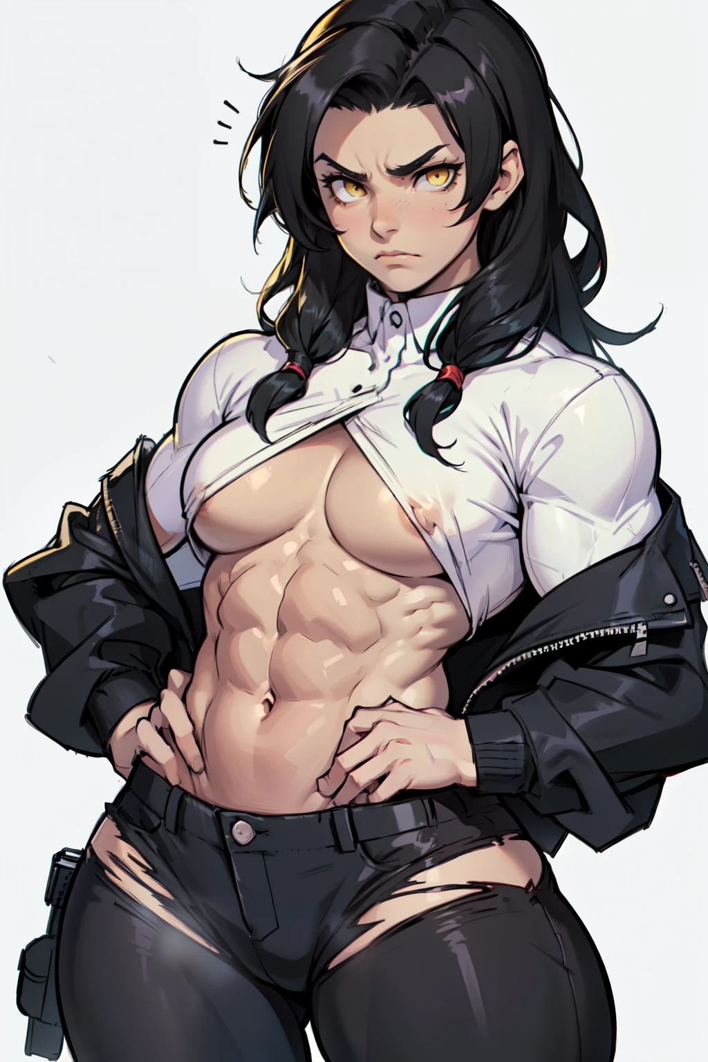 (((((muscular))))), (((thick thighs, small breasts chest, toned body, 1 girl))), black hair, pale skin, yellow eyes, frown, very long hair, ((waistup)) tight shirt tight pants