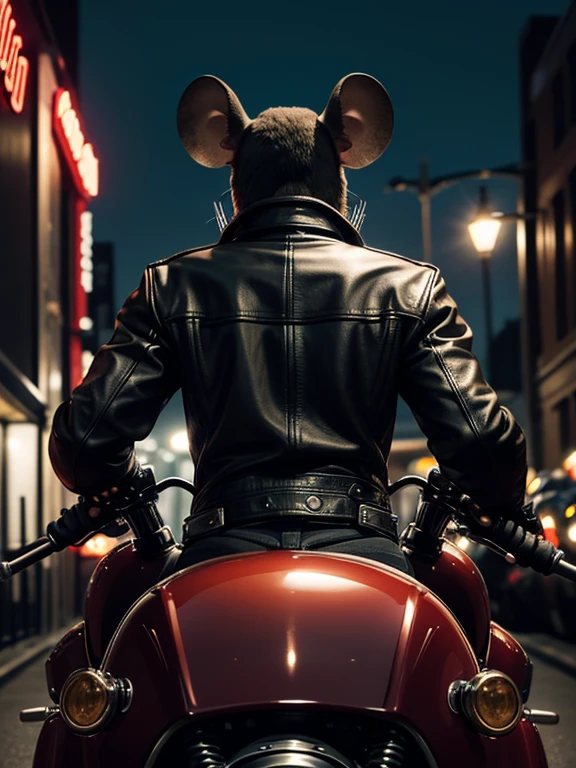 View from the back, Photorealistic of a mouse wearing black leather jacket, on a Harley Davidson bike, Photographic still, low light, movie poster composition, dark, onimous, masterpiece, intricate details, night, extra zoom