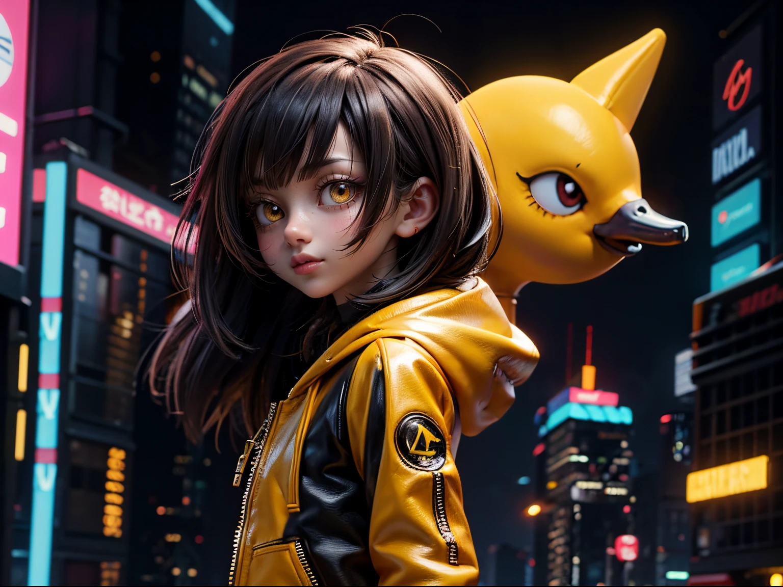cute cartoon girl walking , He is wearing a hood with a cute yellow duck face on it.., yellow leather suit, Cyberpunk Future City, deep in the night, profile view
