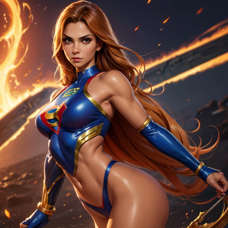superheroine ,vinda das ilhas de phaloon, com poderes, and strength, corpo atletico, pele bronzeada, foto corpo inteiro, vestindo um uniforme colado sexy,bare neck, heroine, cabelos longos
