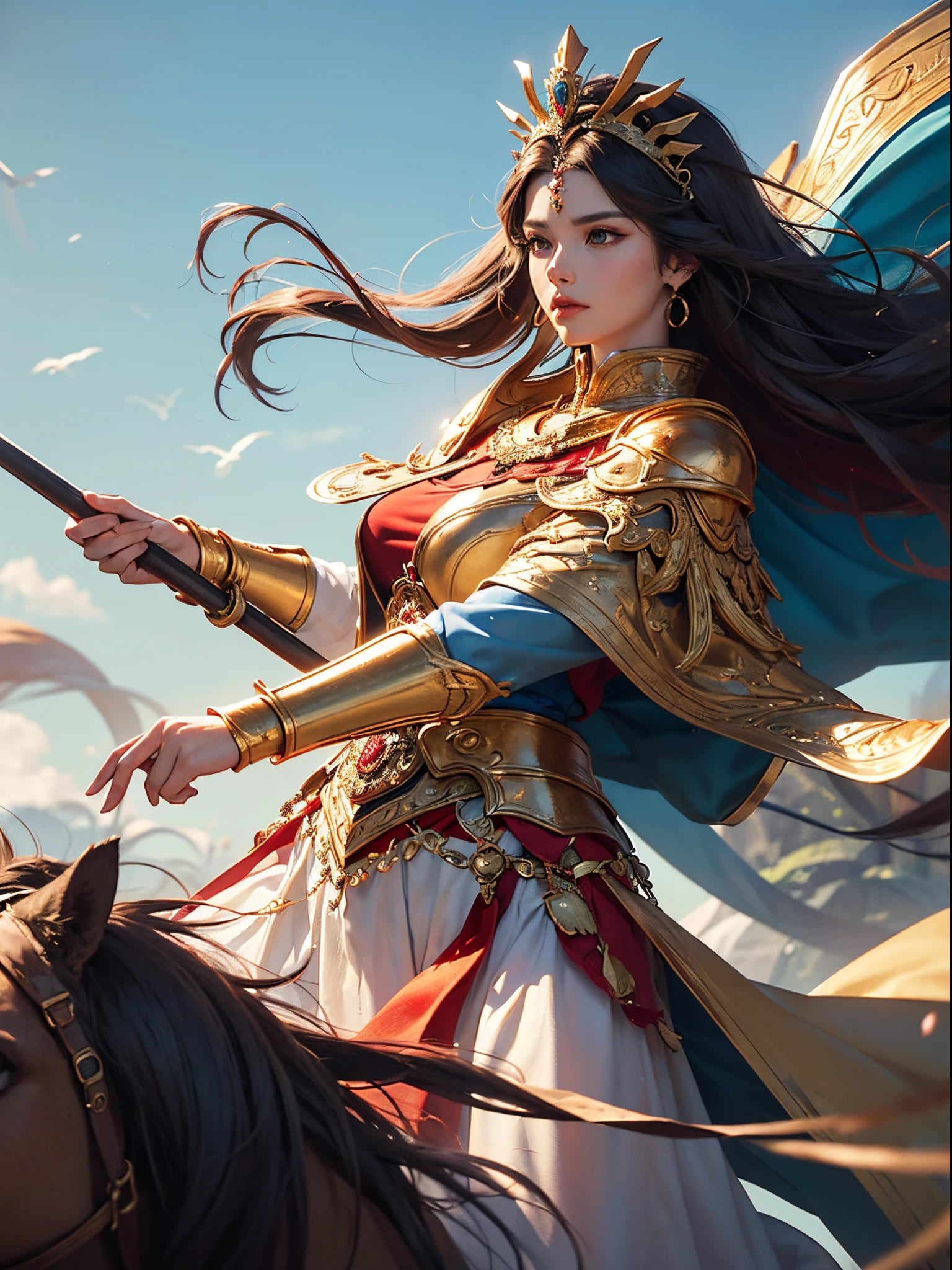 ((​masterpiece)))、(((top-quality)))、((ultra-detailliert))、(A hyper-realistic)、(highly detailed CGillustration）、Official art、lion motif、Gold and red tones、Fantasia、Ancient mythology、Ancient Mesopotamia、Mystical、solemnity、An majestic、Best Quality, ​master piece、Battle Master、Ishtar, Goddess of War、Guardian of Babylon、Increase your fighting spirit、Invincible Great General、Brave、Awe-inspiring Hall々、glorias、honor of babylon、Veteran Hero、Slender eyes、matchless beauty、Rin々Right、refinement、noble、Proud、Wearing noble jewelry、Equip your weapons、The appearance is luxurious and golden armor、Cloak in the wind、Tall and lean、fiery red long hair、Perfect Angle、perfect-composition、low angles