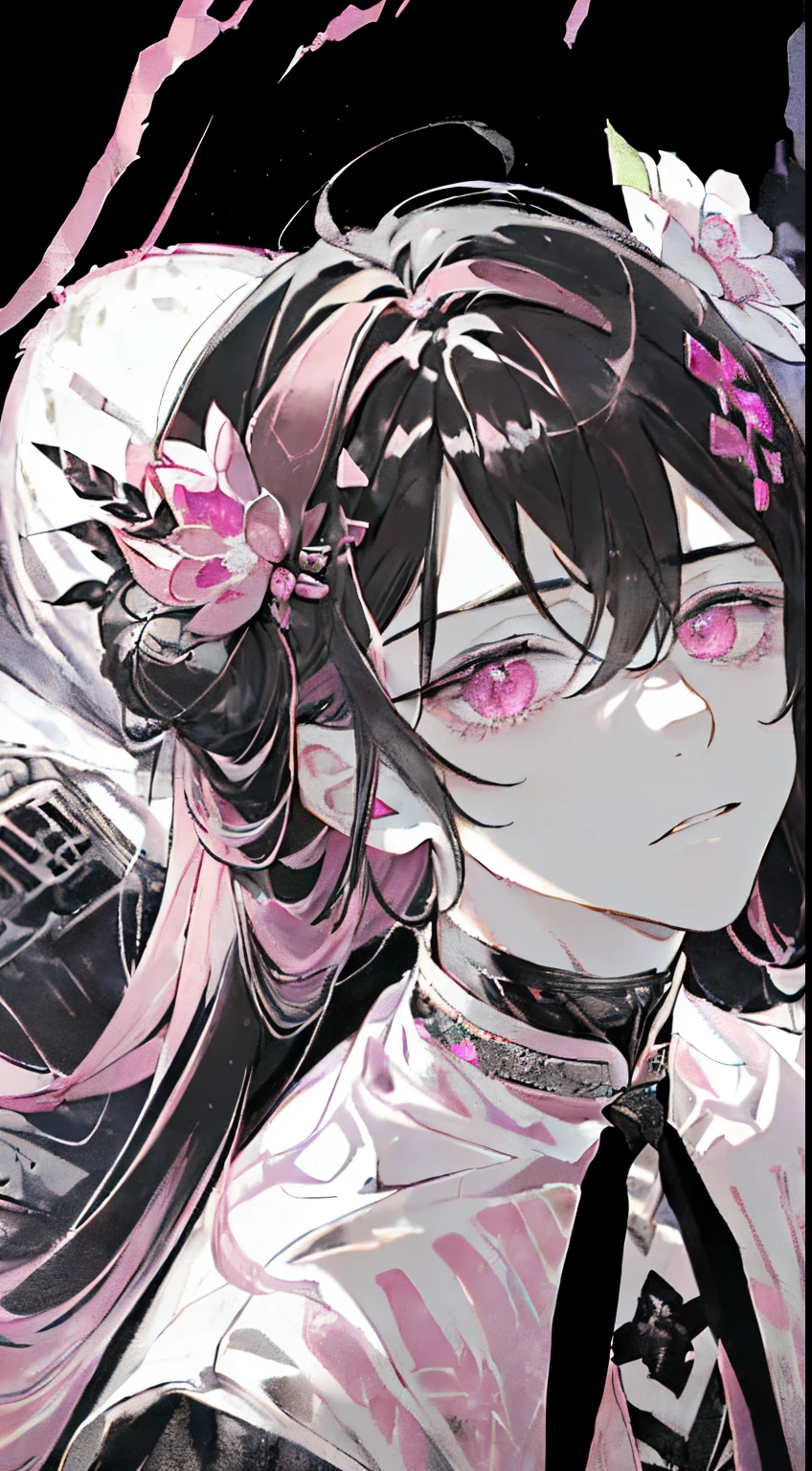 ((A ruined city full of rubble)),(After the war),((Vast landscape full of rubble)),(A boy wearing tattered slave-like clothes),((Dark hair)),(Lifeless eyes),((sit with your knees on either side of the ground)),((look up and glare at me)),(Mouth slightly open),((Light pink eyes)),((Monochrome world)),((Black,Gray,light)),((Hair ornament decorated with many dark pink jewels)),((Holding a flower in hand)),((Diagram from below)),(Sharp eye light),(((Adult male))),