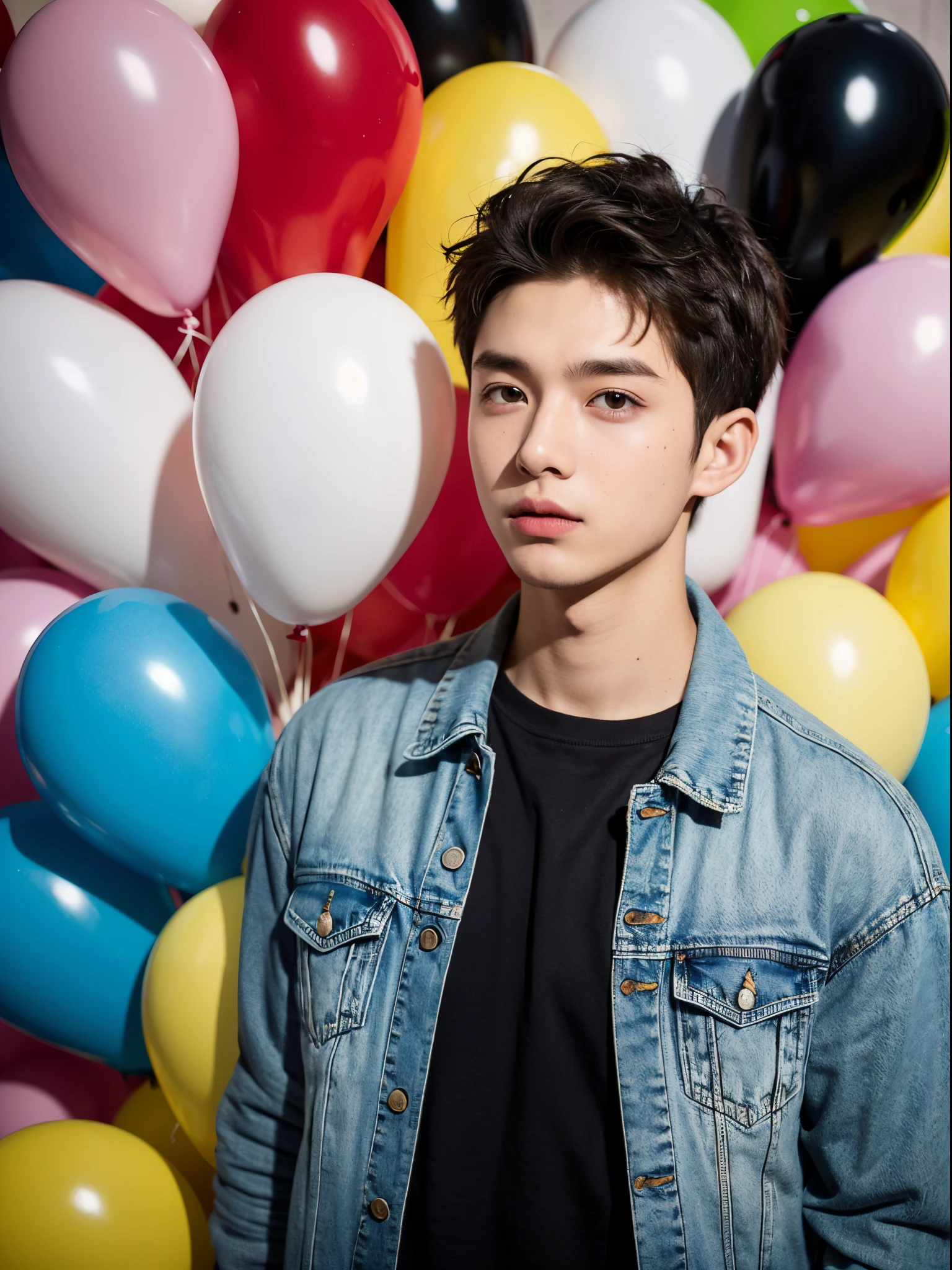 male, 20 year old boy, black eyes, buzz cut hair, denim jacket, half body photo, head facing the camera, colorful balloons in the background, street