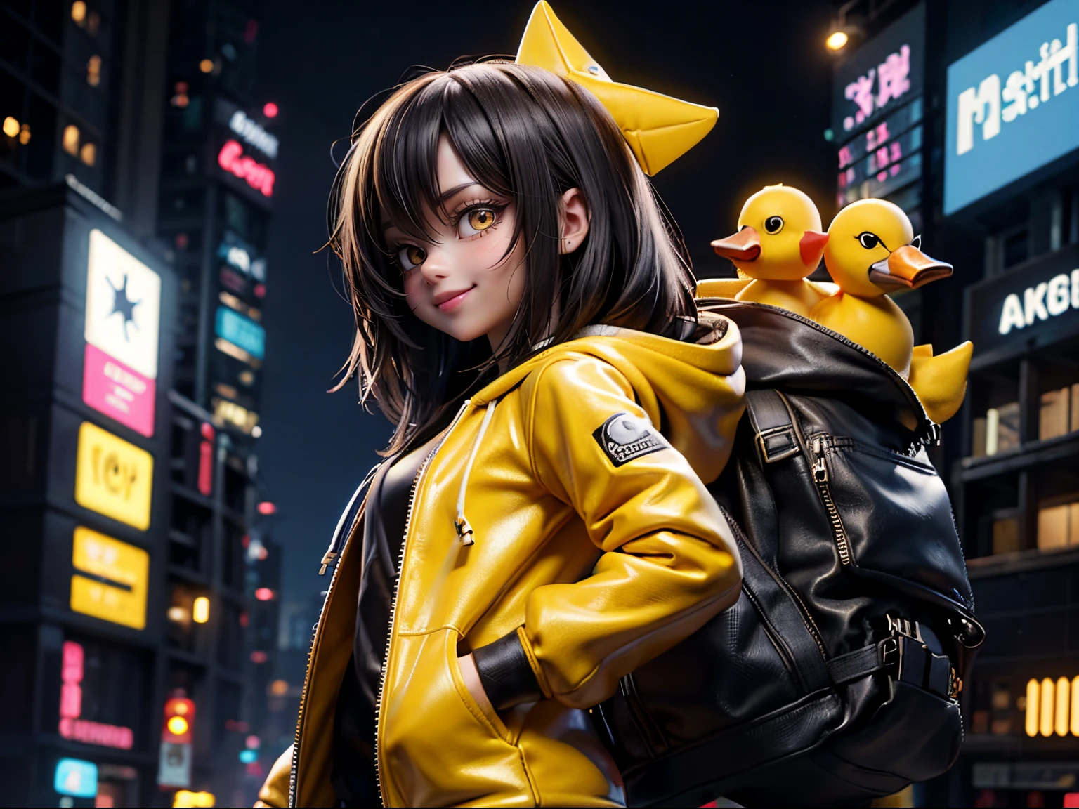 cute cartoon girl walking ,Smiling lightly, He is wearing a hood with a cute yellow duck face on it......, yellow leather suit, Cyberpunk Future City, deep in the night, profile view