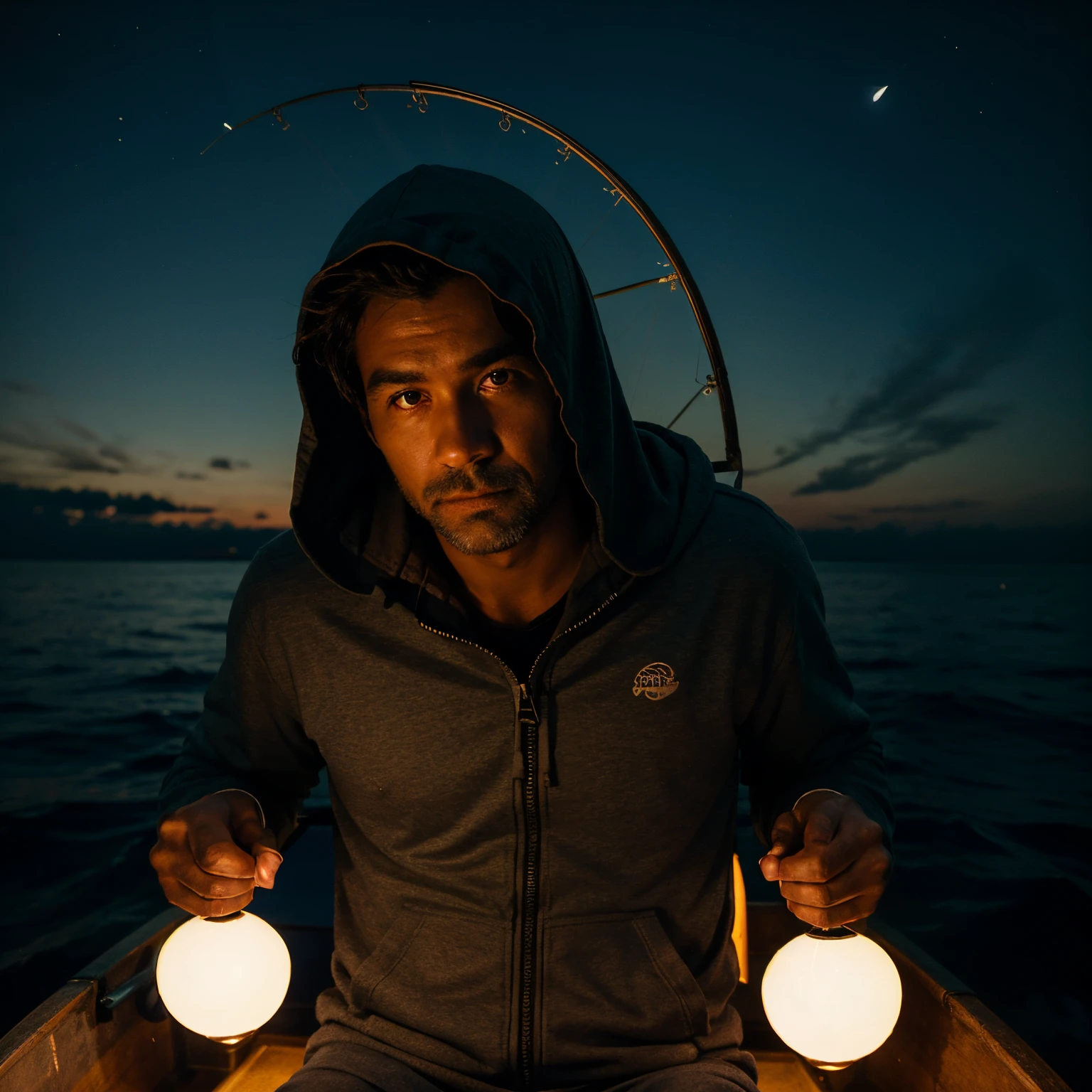 Man with hood, in fishing boat, with glowing balls all over, at night,