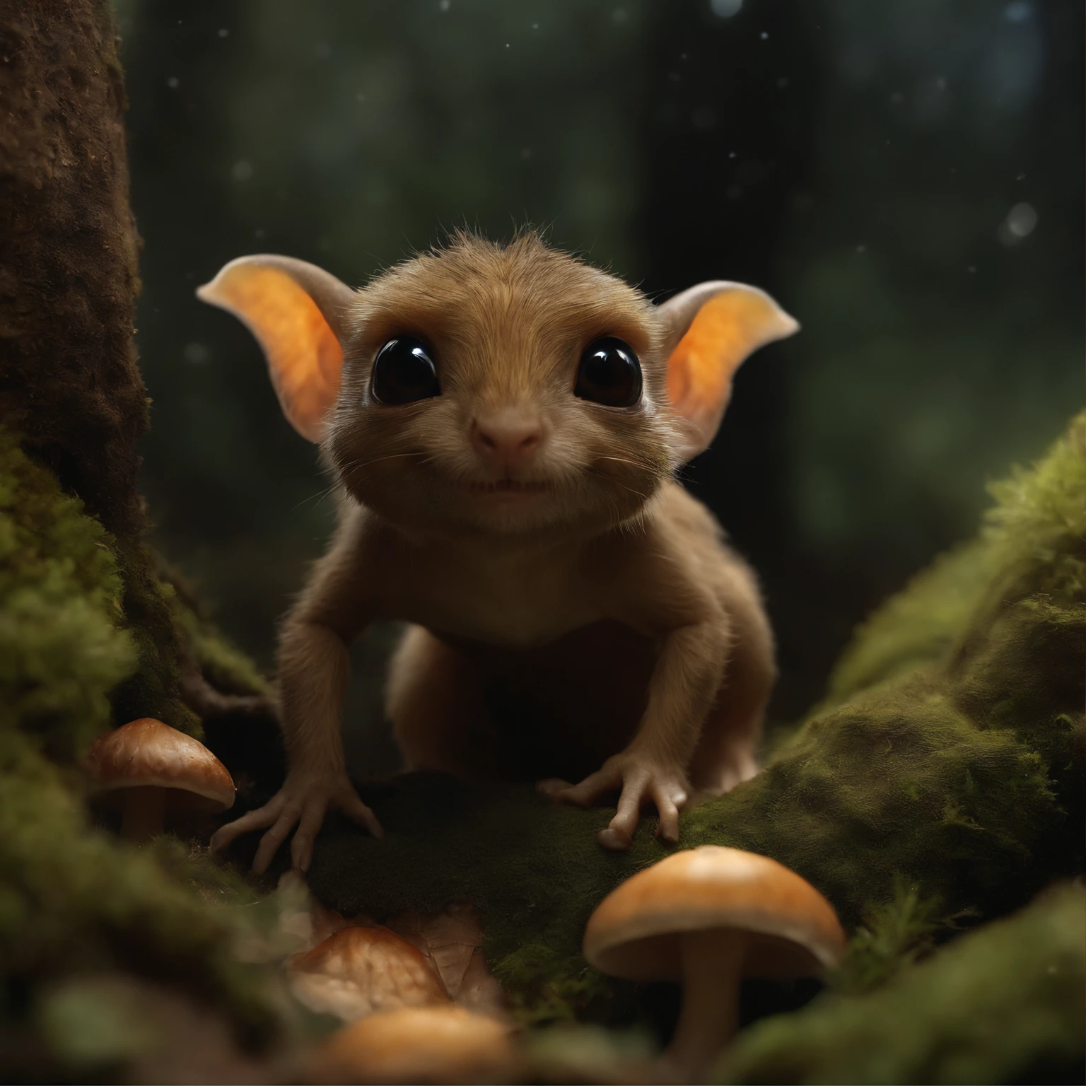 In the cave,Small male goblins similar to a hobbit, huge ears, five toes on each paw, doubled fingers, a huge acorn in its paws, standing in a forest mushroom clearing, There are acorns lying around, Crickets fly,